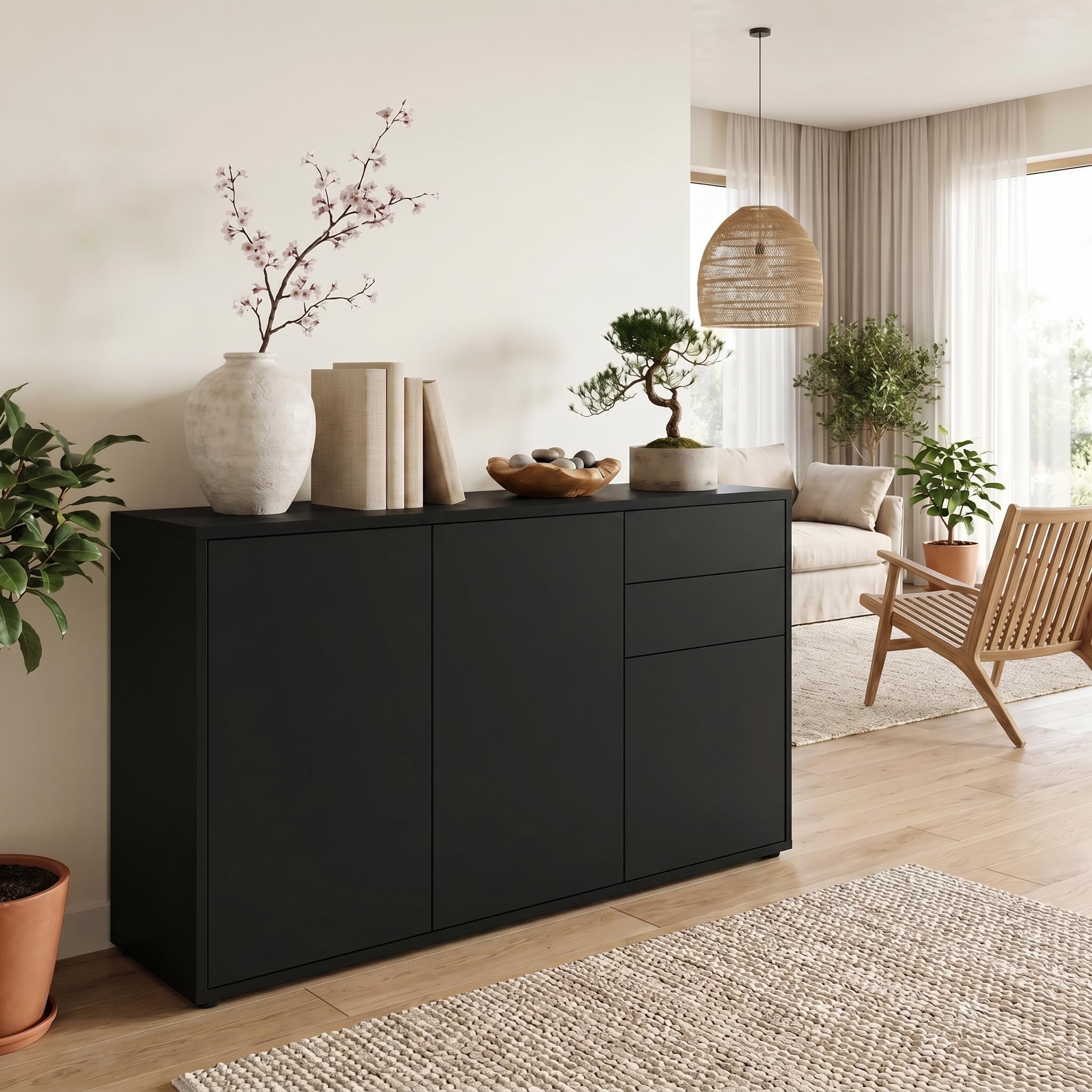 Vladon Sideboard Ben V3, Kommode mit 3 Türen und 2 Schubladen, Schwarz matt/Schwarz matt (117 x 74 x 36 cm)