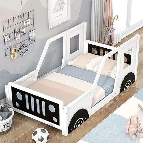 Harper & Bright Designs Cama de suelo tamaño individual con plataforma en forma de automóvil con ruedas, marco Montessori cerca y puerta, madera