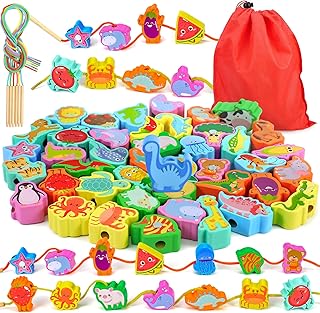 Ophy Pack of 48 Threading Games, 6 Themes from 2 3 4 5 6 Years for Children, Wooden Beads, Motor Skills Toy, Gift for Children, Educational Toy, Wooden Toy and Birthday Threading Toy from 3 Years