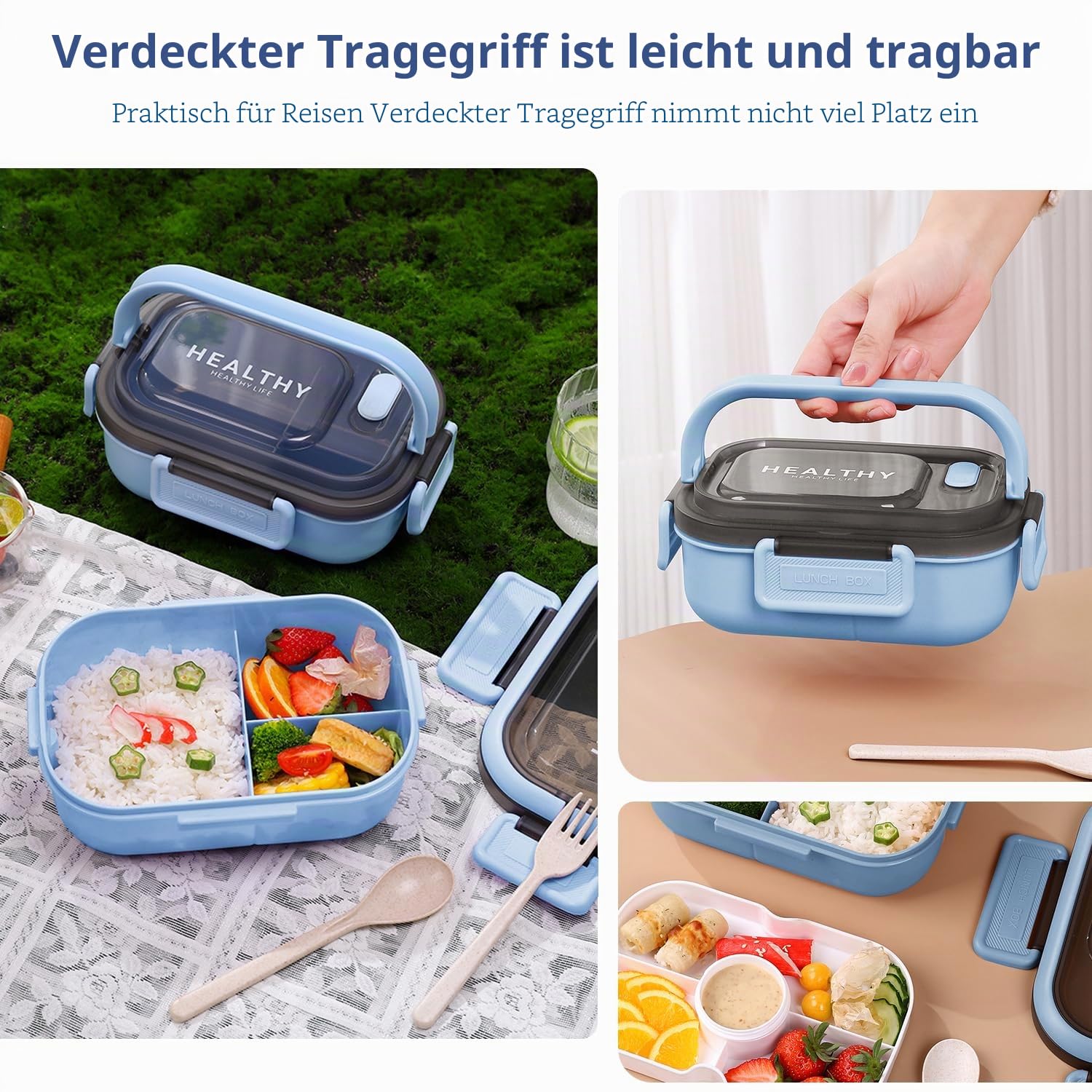 OWill Lunchbox,brotdose mit fächern 1200ml,lunchbox erwachsene mit griff,bento box mit soßentopf und Besteckset,lunchbox kinder,jausenbox erwachsene kinder,mikrowellen und spülmaschinenfest,Blau