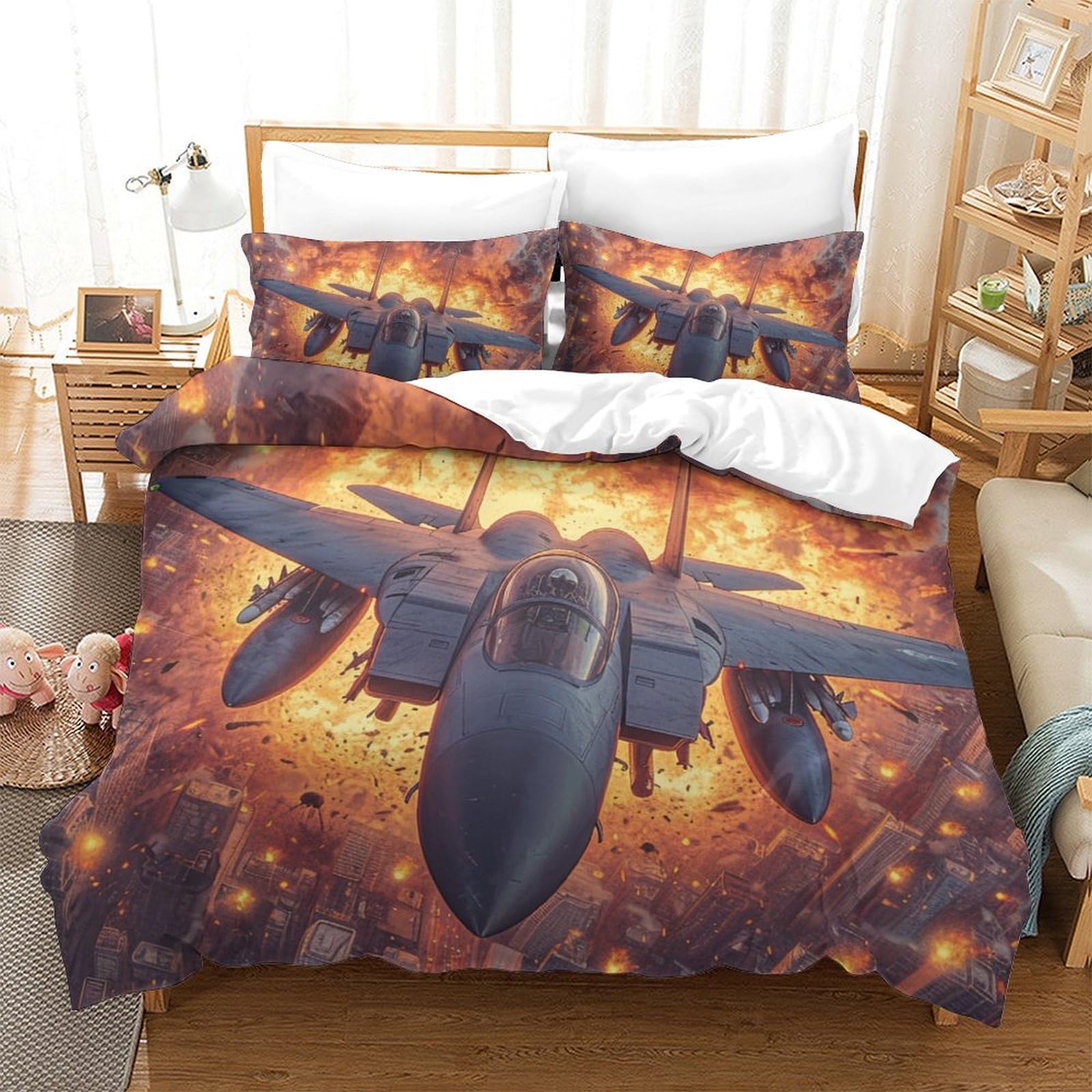 Housse de couette avions de combat literie microfibre imprimé 3D parure de lit 3 pièces 260x220