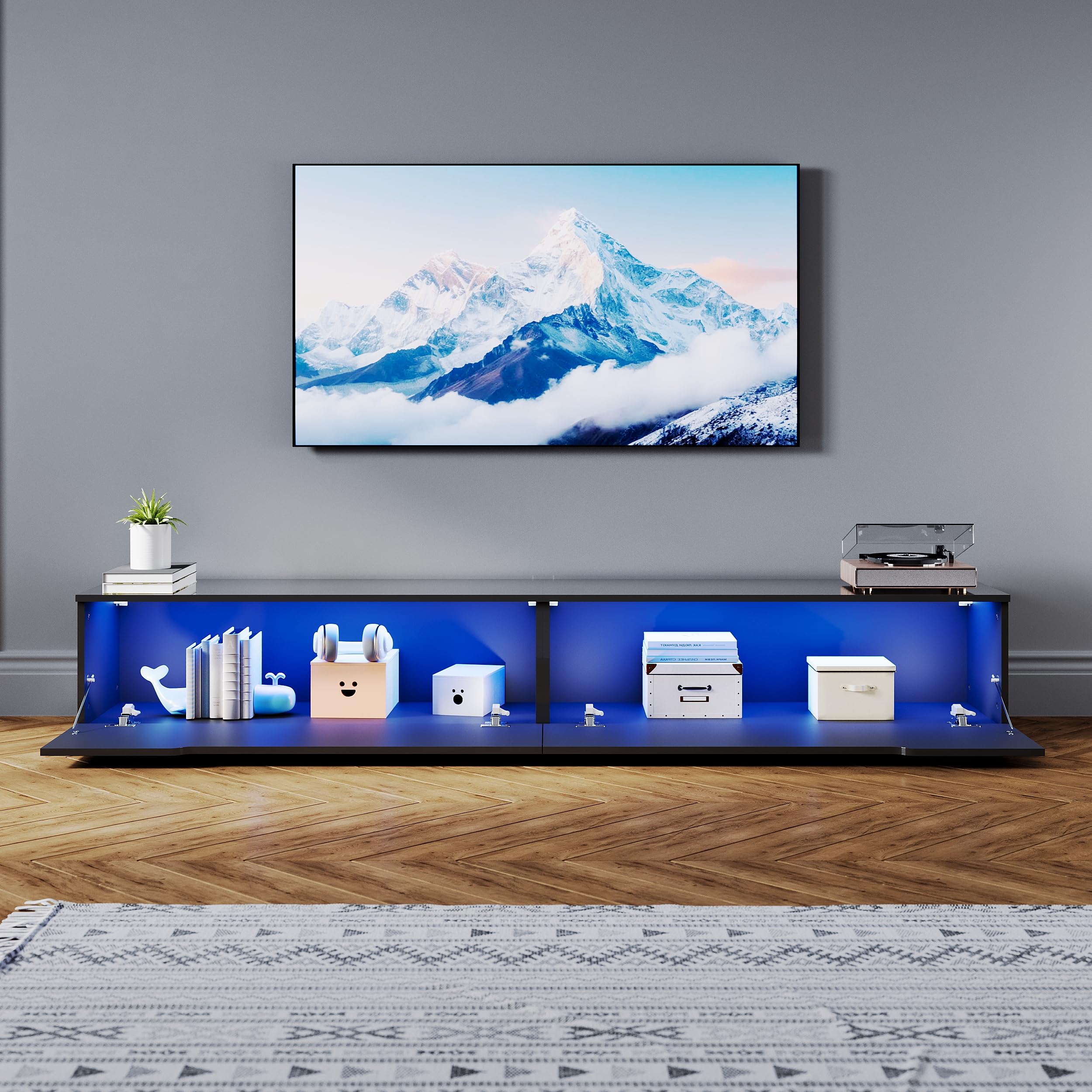 SONNI Szafka pod telewizor 200 cm, wysoki połysk, czarna, wisząca/stojąca, z 16 kolorami oświetlenia LED, 2 szuflady, stolik pod telewizor do salonu i sypialni, 200 x 35 x 30 cm.