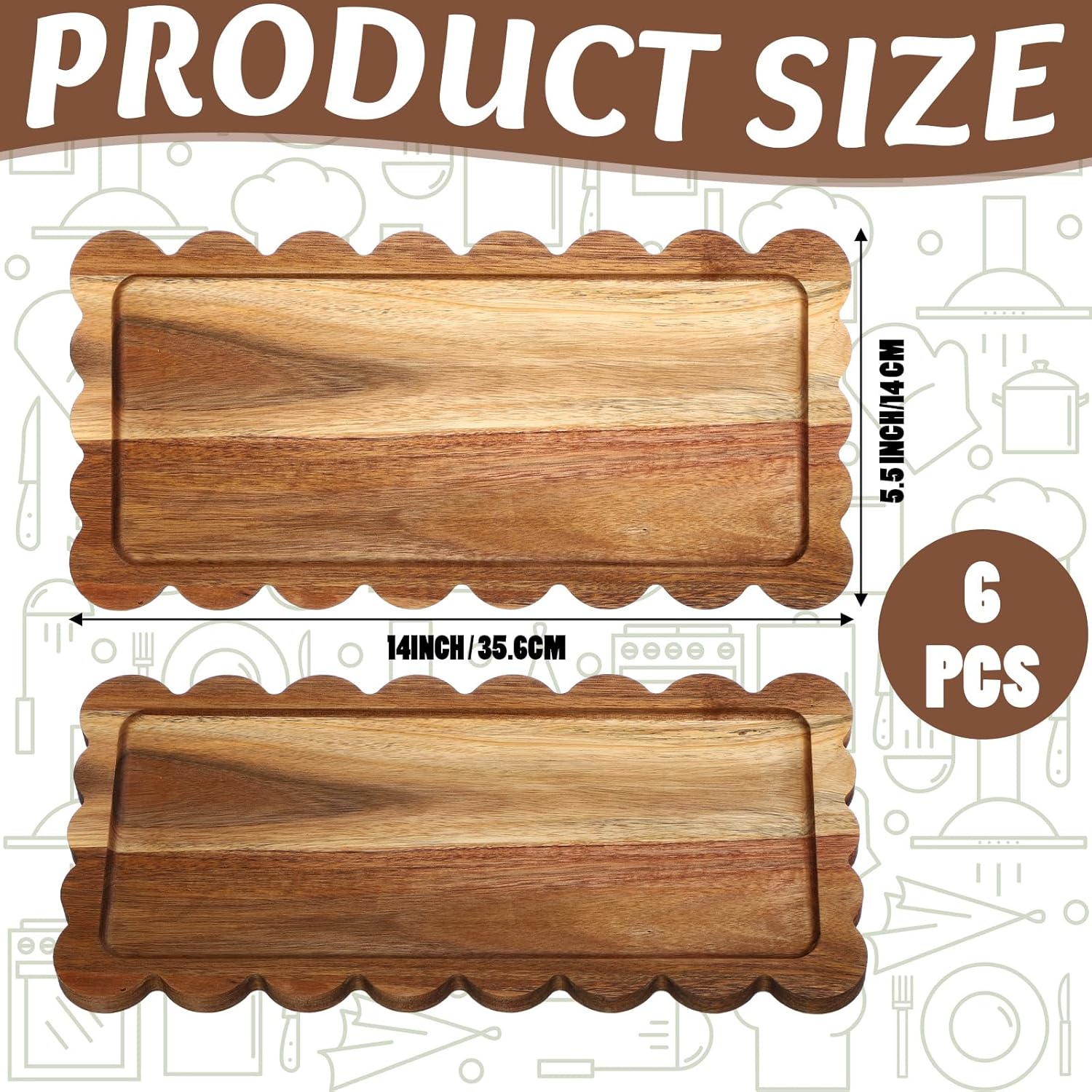 LemonRoad 3 Pcs Scalloped Acacia Wood Serving Platters and Trays, 14 x 5.5 Inch Acacia Wood Serving Tray Charcuterie Boards Platters for Food or Desserts Bread Cheese Fruit Tea