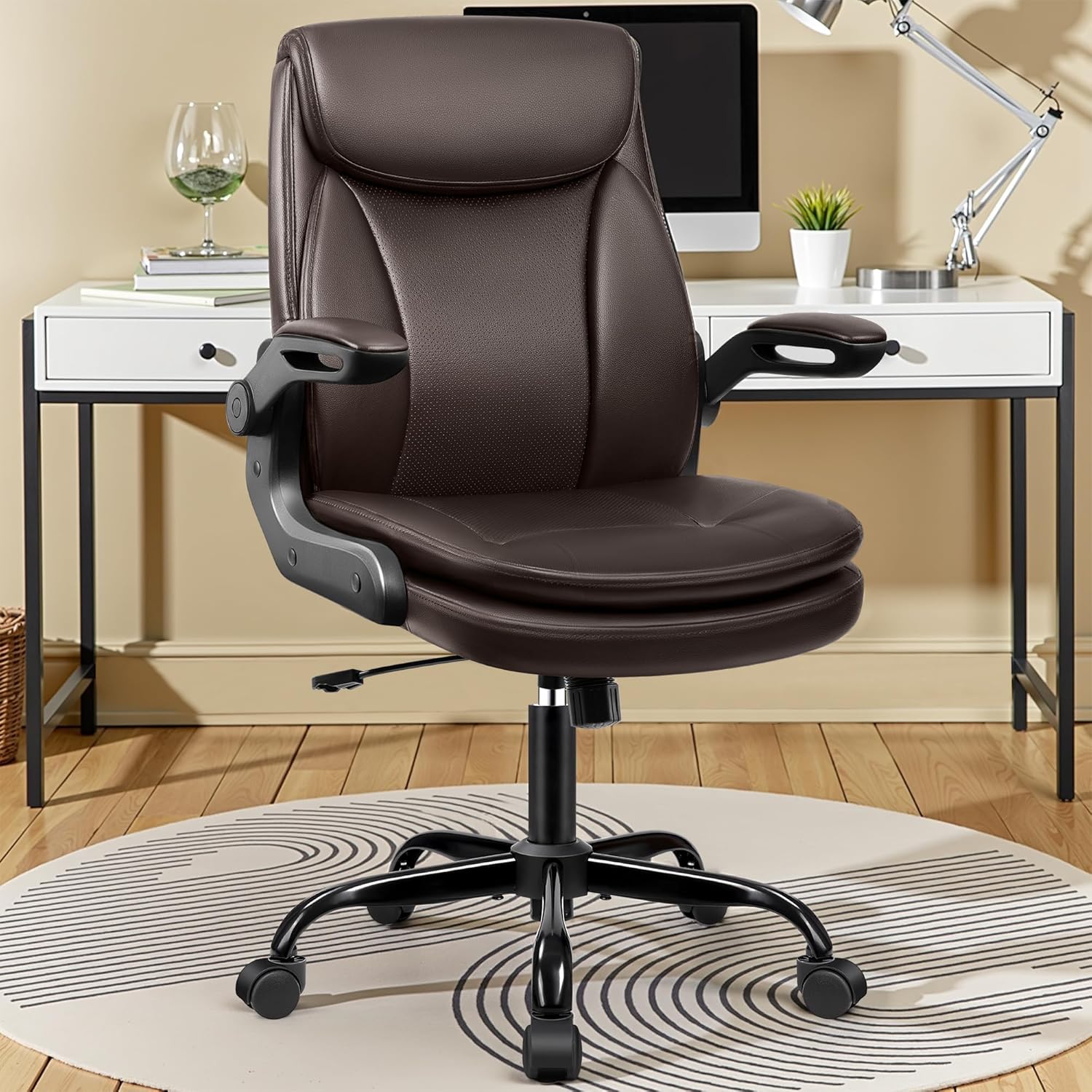 Office Chair Ergonomic Desk Chair - Premium Leather Executive Office Chairs with Lumbar Support Flip Up Armrests