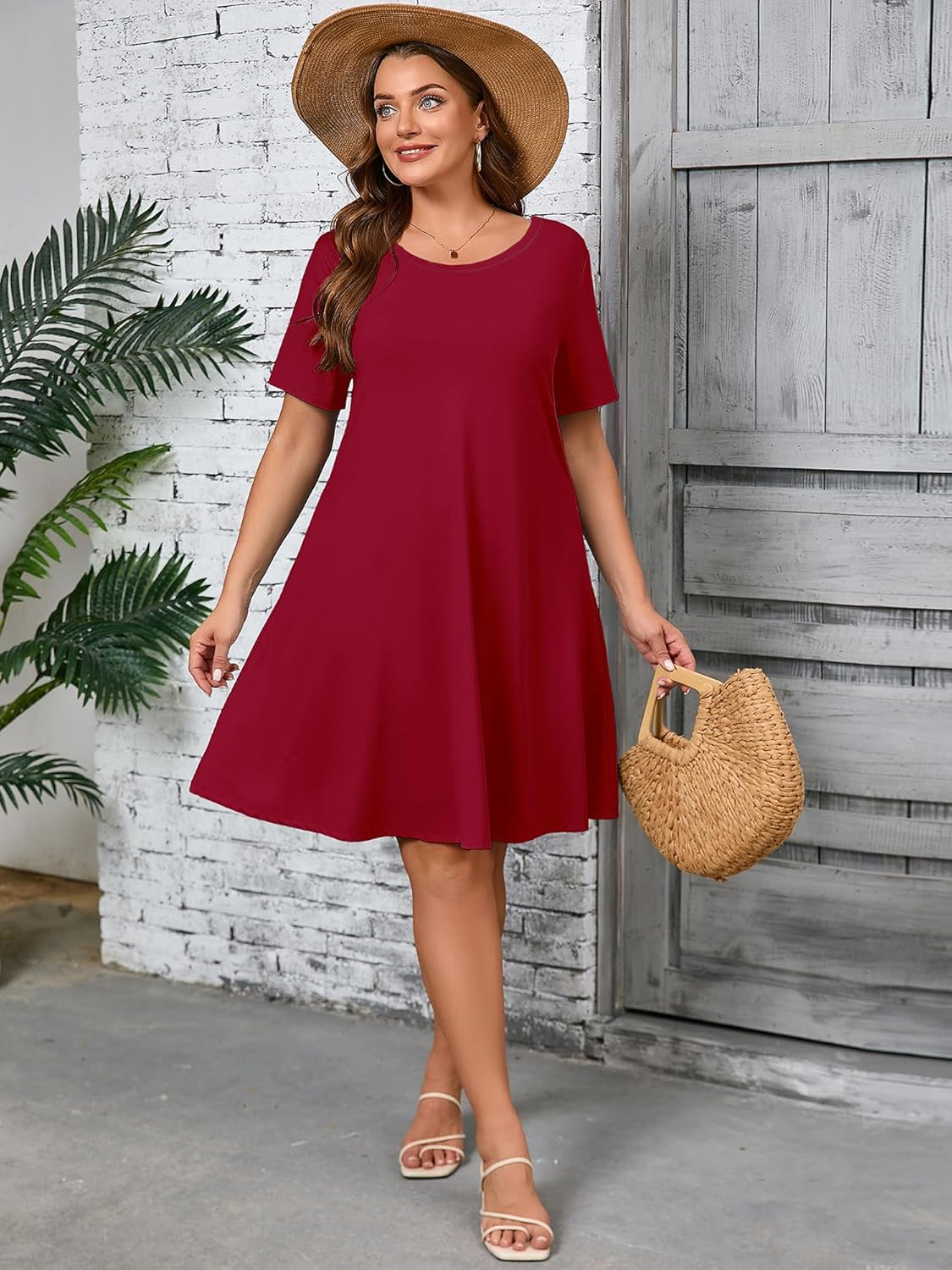 AusLook Plus Size Women Summer Dress Burgundy 1X Short Sleeves Crew Neck Casual Cute Loose Fitting Tank Sundress Comfy Swing Midi Flowy A-line Trendy Beach Vacation Teacher Dresses with Pockets - Image 4