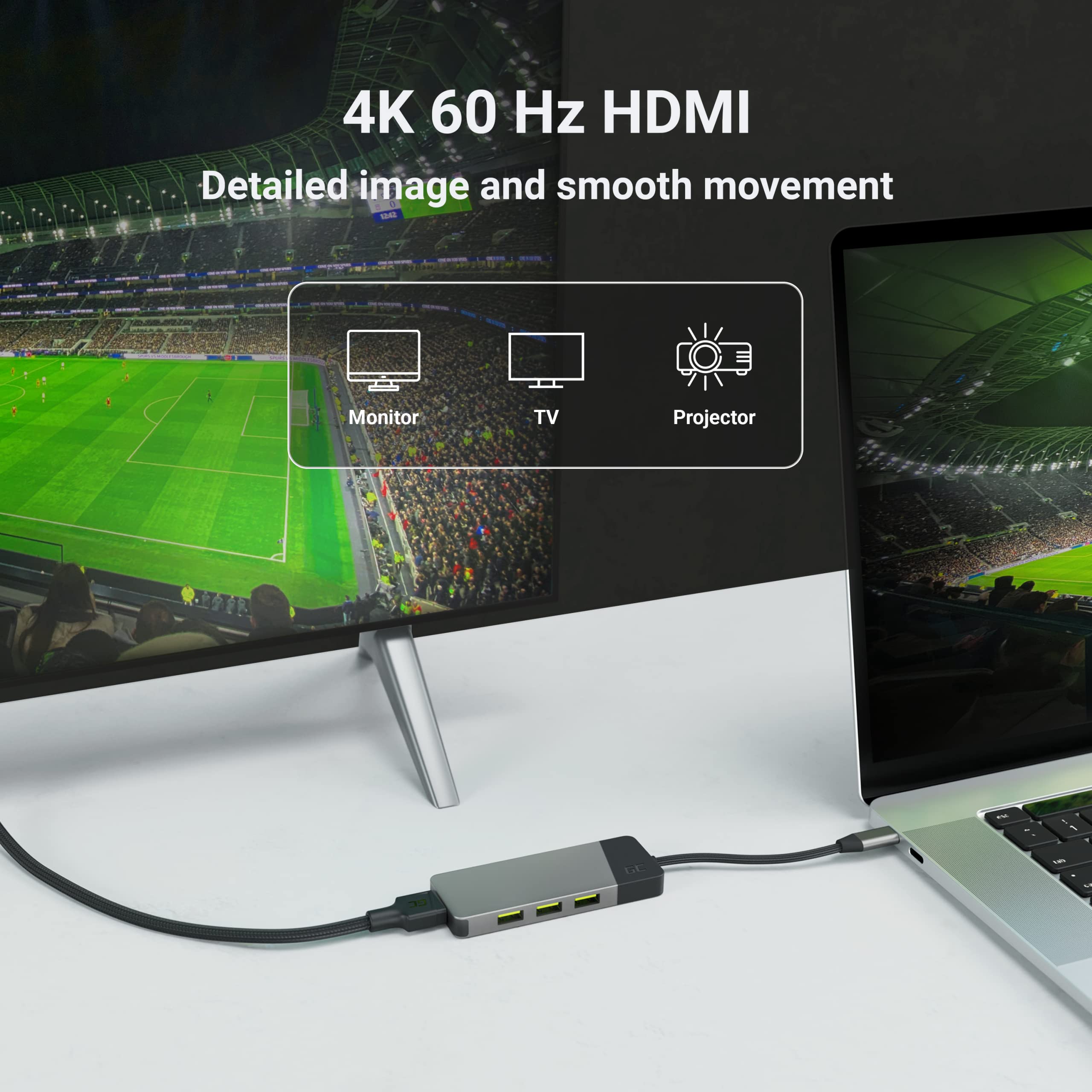 Adattatore, Stazione docking HUB USB-C PD 85W GC Connect 7in1 (3x USB-A 3.1 HDMI 4K 60Hz SD microSD) per Apple MacBook M1/M2, Lenovo ThinkPad X1, Asus ZenBook, Dell XPS, Supporto Samsung DeX