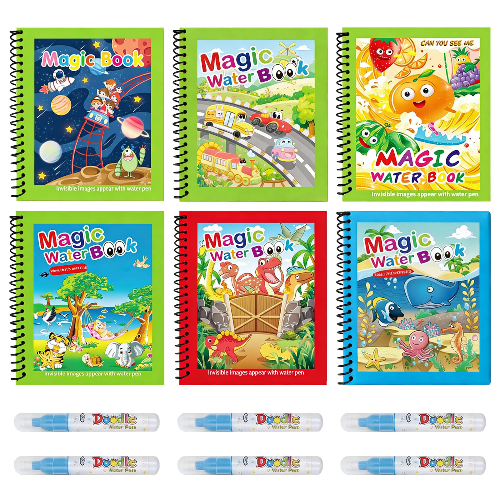 Magic Water Colouring Books, 6 Pcs Reusable Water Painting Books with 6 Aqua Pens Animal Drawing Doodle Book Mess-Free Educational Tools for Beginners Art Activity Gift