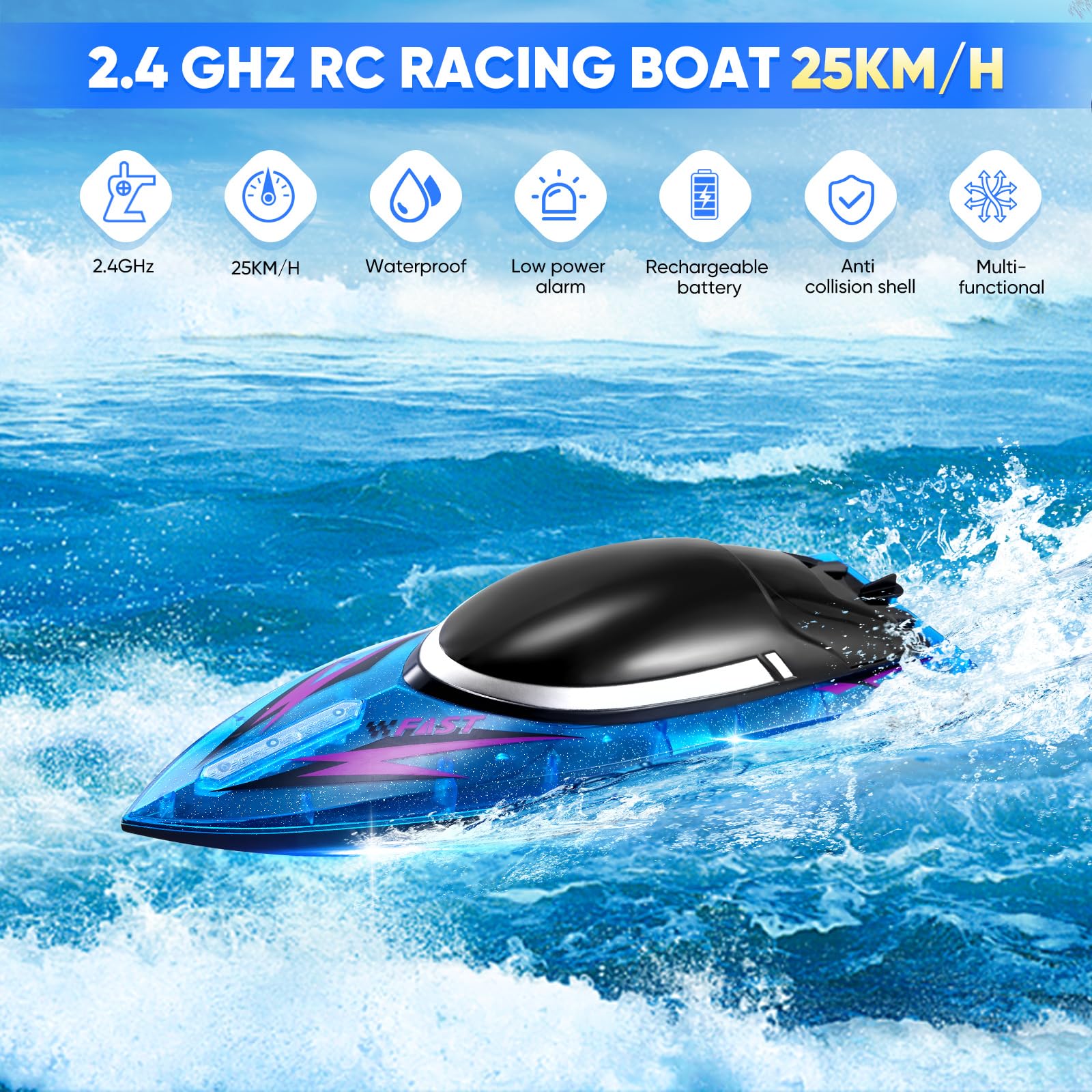 Bateau RC per adulti e bambini 25km/h LED Light Racing Boat - Dettaglio