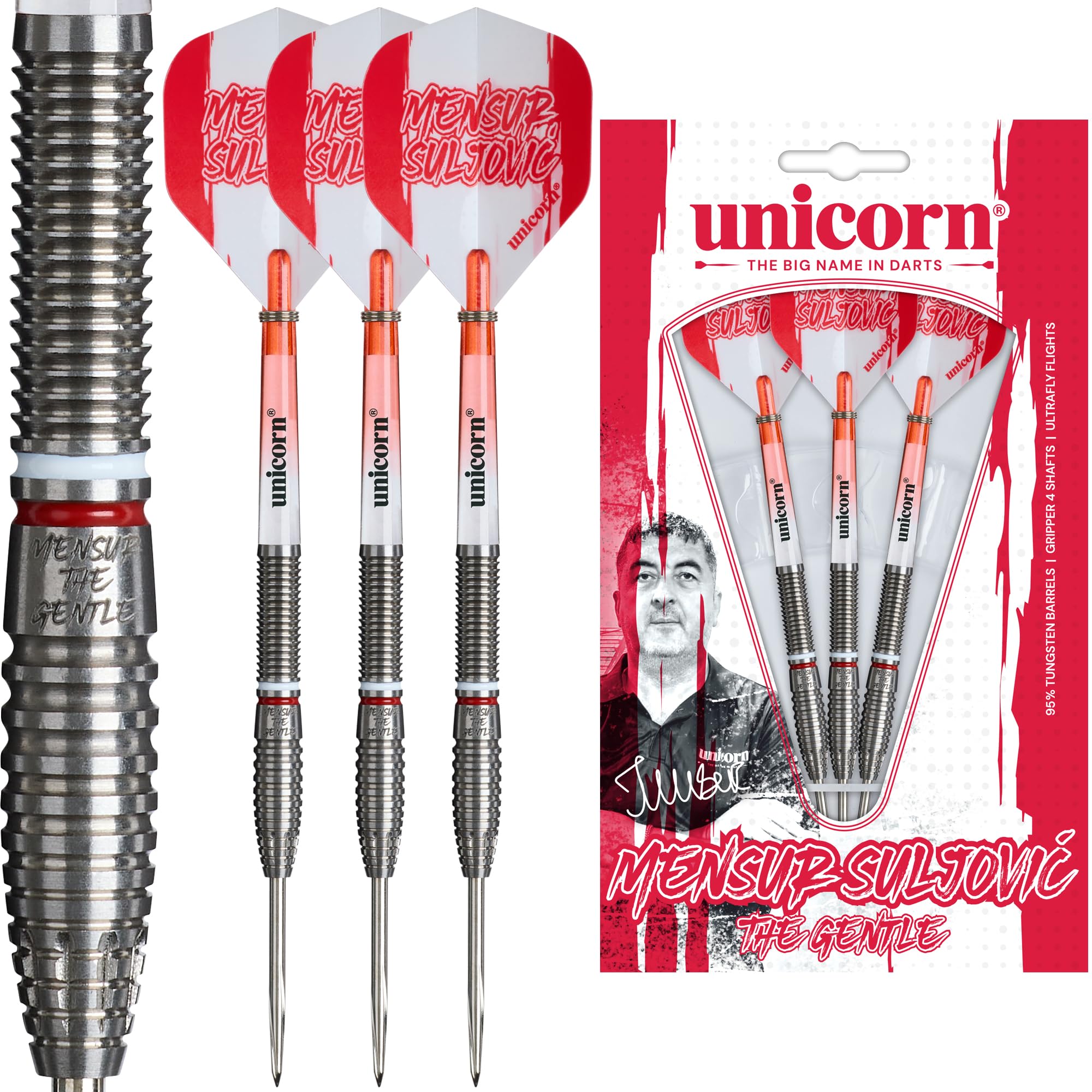 Unicorn | Mensur Suljoviฤ |95% Tungsten Barrels Torpedo Barrels with Red & White Rings | Steel Tip Darts Set | The Gentle | Durable Stunning Ultrafly Big Wing Flights | Silver Volute Points | 21 g