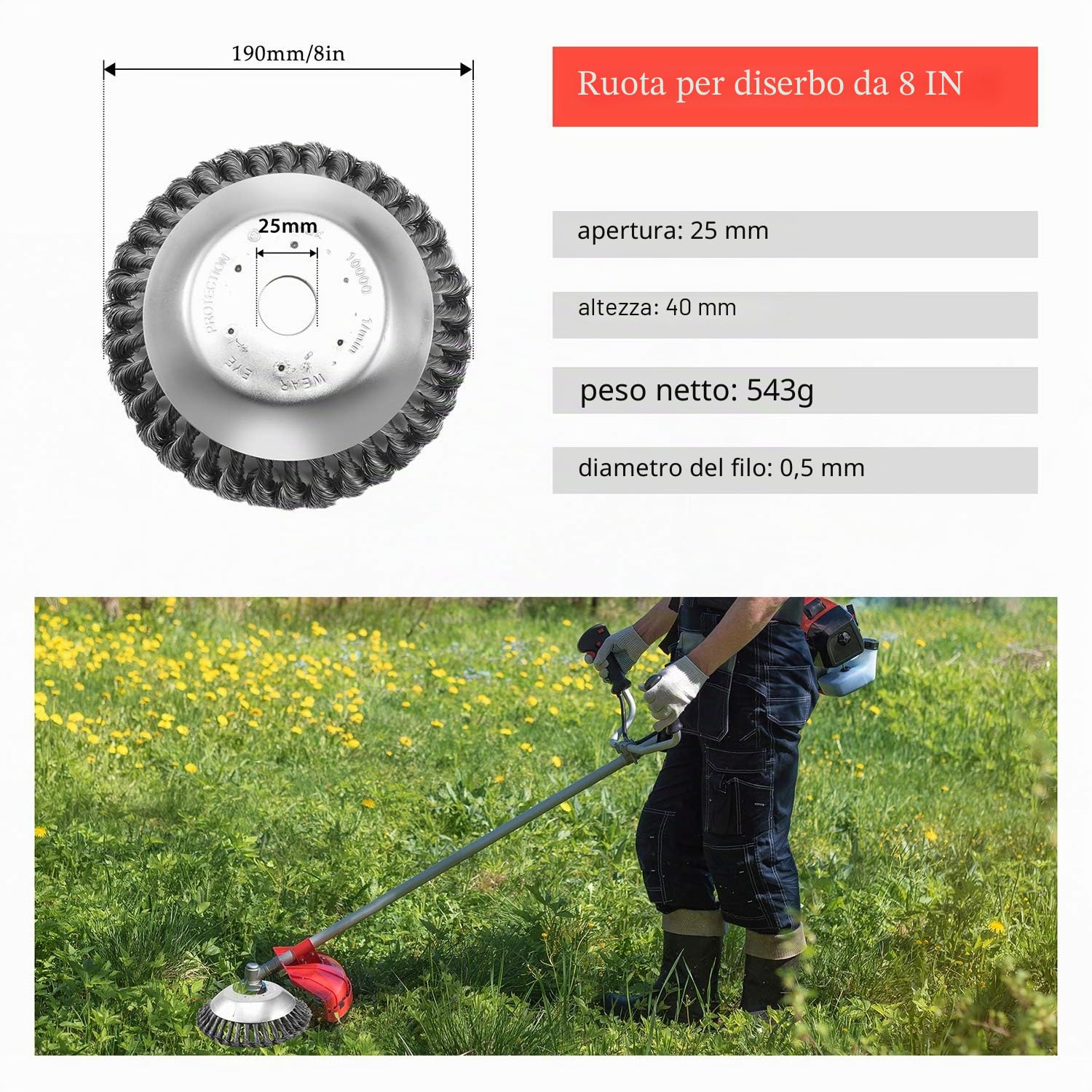 Viabrico Spazzola per Decespugliatore 200 x 25,4mm, Spazzola per Erbacce in Acciaio