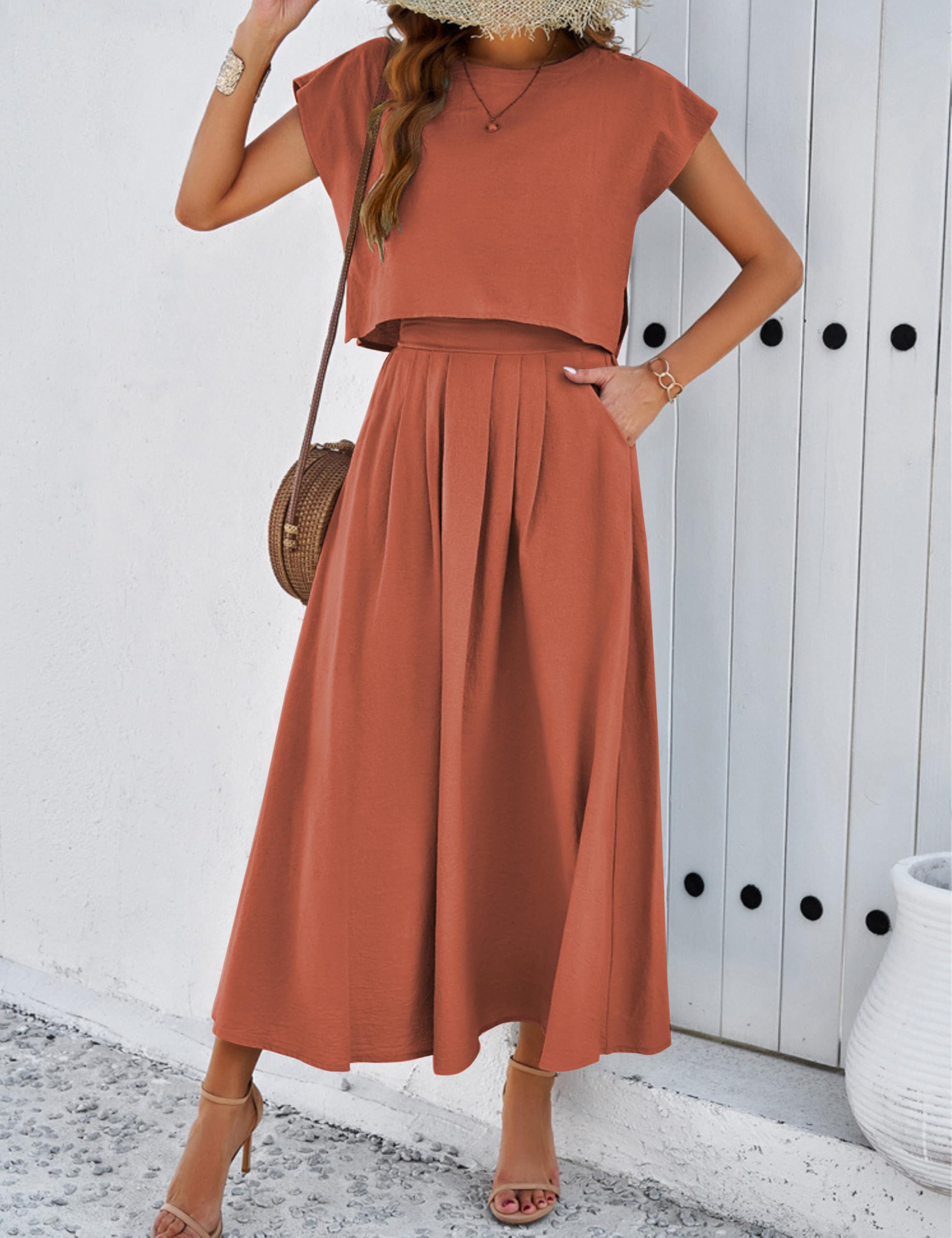 HangNiFang Sommer-Set für Damen, 2-teilig, Maxikleid und Oberteil mit Flügelärmeln, elastischem Bund und Taschen