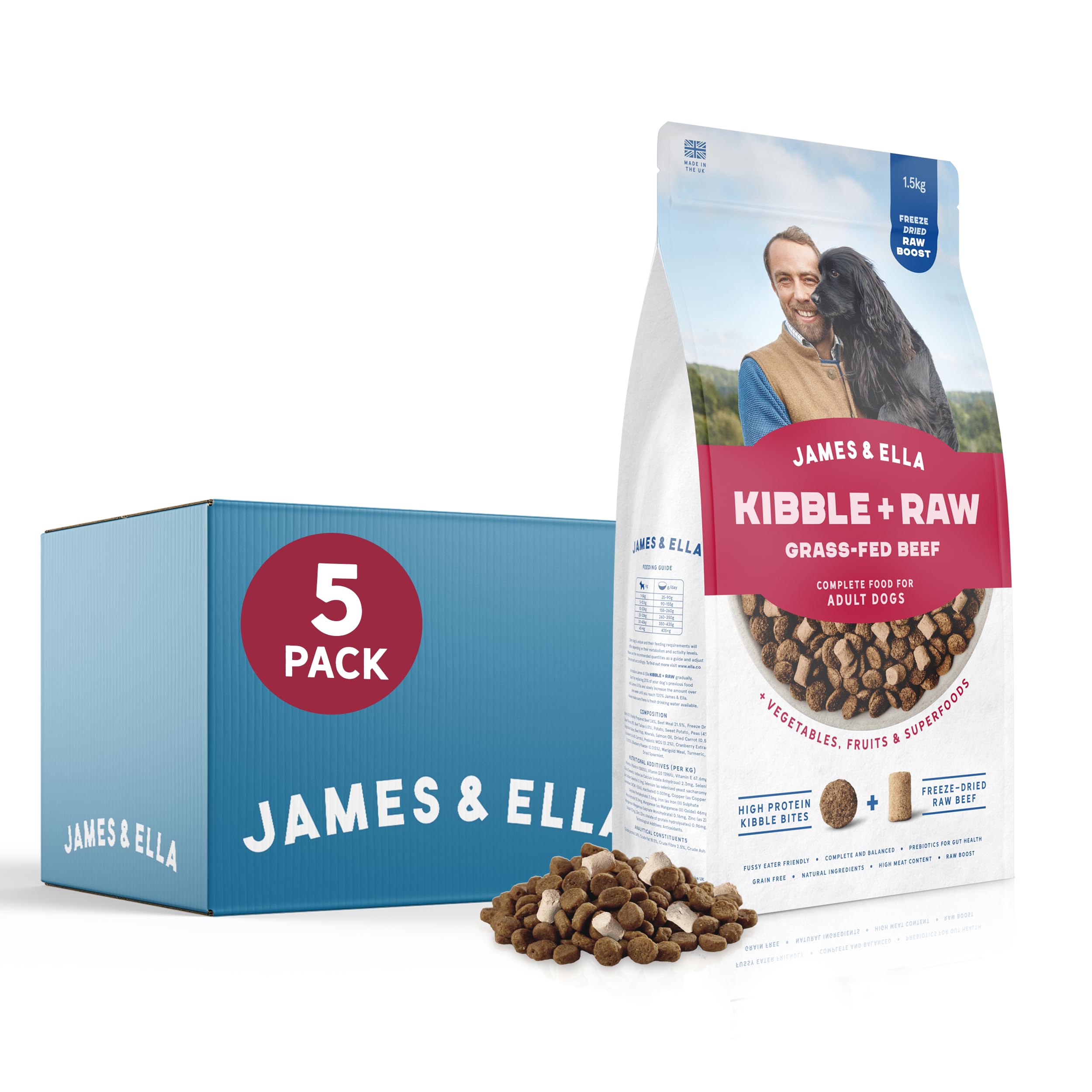 James & Ella Kibble + Raw Dog Food - Grass Fed Beef (5 x 1.5kg) ❘ Nutritious High Protein Kibble Combined with Freeze-Dried Raw Meat Nuggets, Contains Essential Oils & Minerals, Grain & Gluten Free