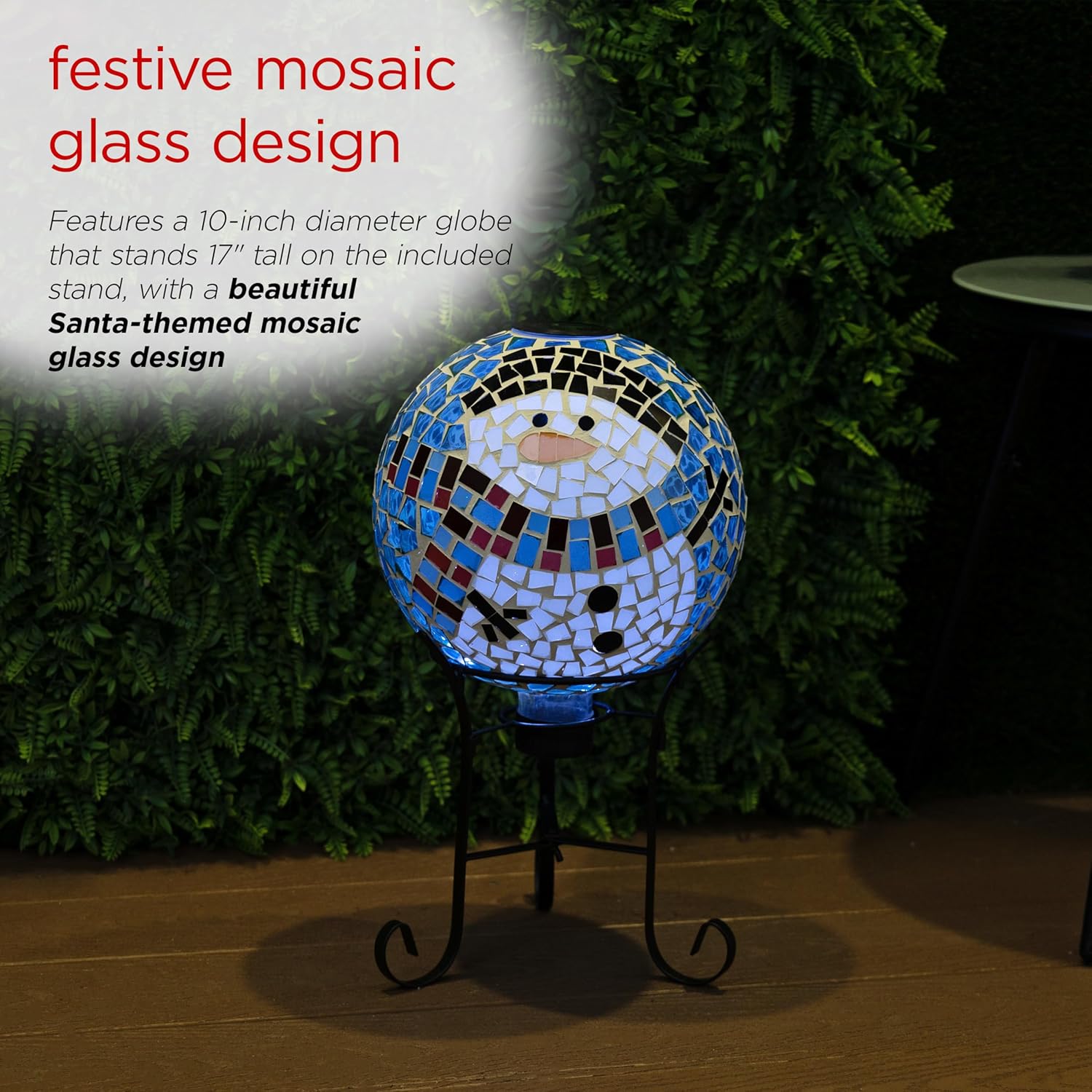 Alpine Corporation Solar Glass Snowman Mosaic Snow Globes with Foldable Metal Stand and 10 Cool White LED Lights, Christmas Decor, 17-in Tall