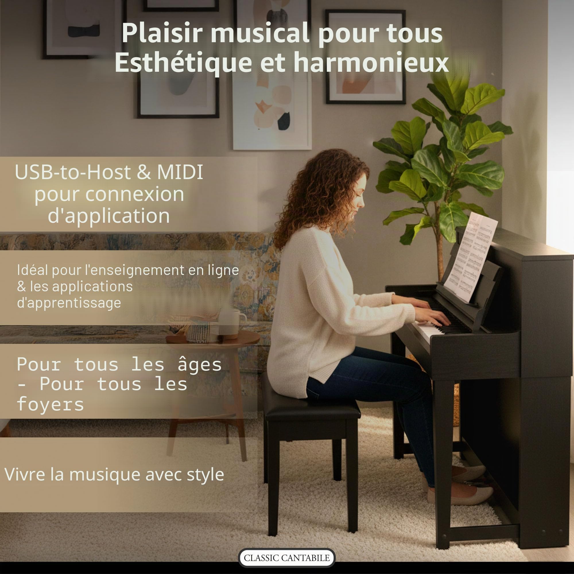 Classic Cantabile UP-1 SM Piano Droit Numérique - 88 Touches Clavier électronique à marteaux - Synthetiseur avec USB, MIDI, 40 voix, 256 polyphonie - Set avec Banc et Casque - Noir Mat | 88 touches lestées avec clavier Graded Hammer - Clavier avec surface