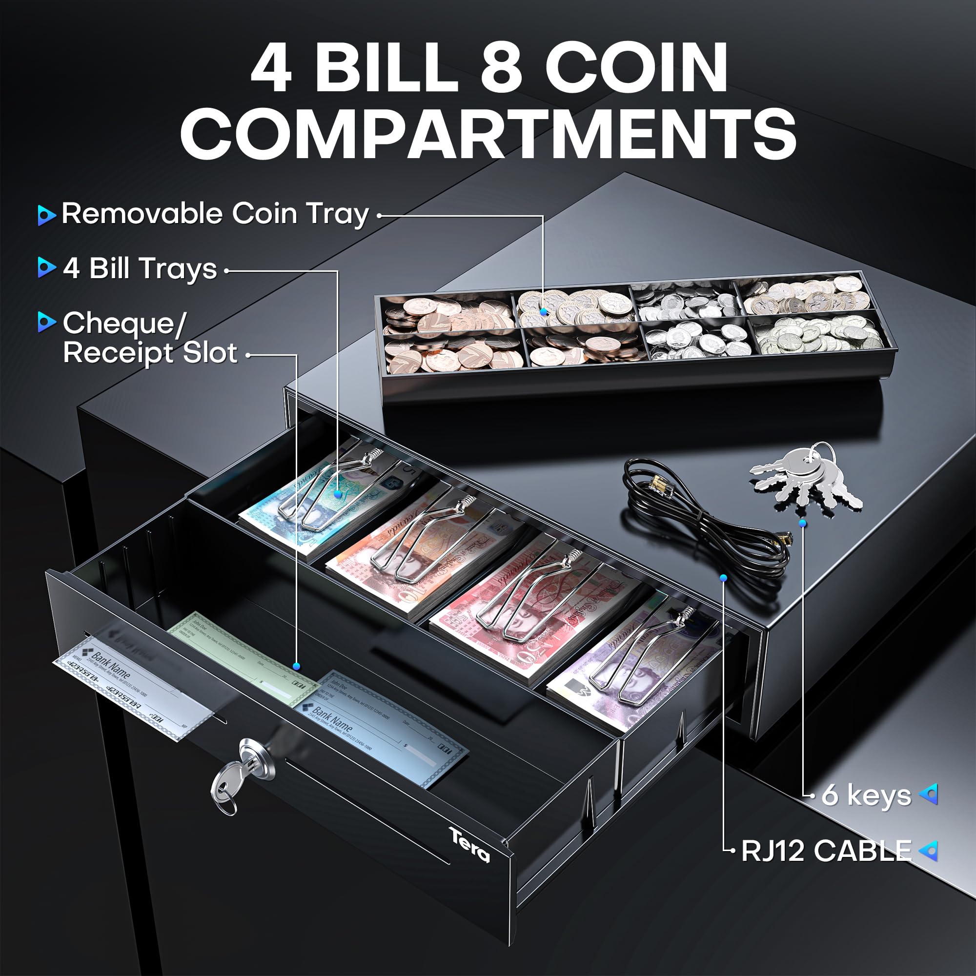 Tera Tiroir de caisse enregistreuse réglable de 40,6 cm : 4 billets 8 pièces de monnaie avec séparateurs amovibles, 6 clés, ouverture automatique, verrouillage par clé, interface RJ12, fente média