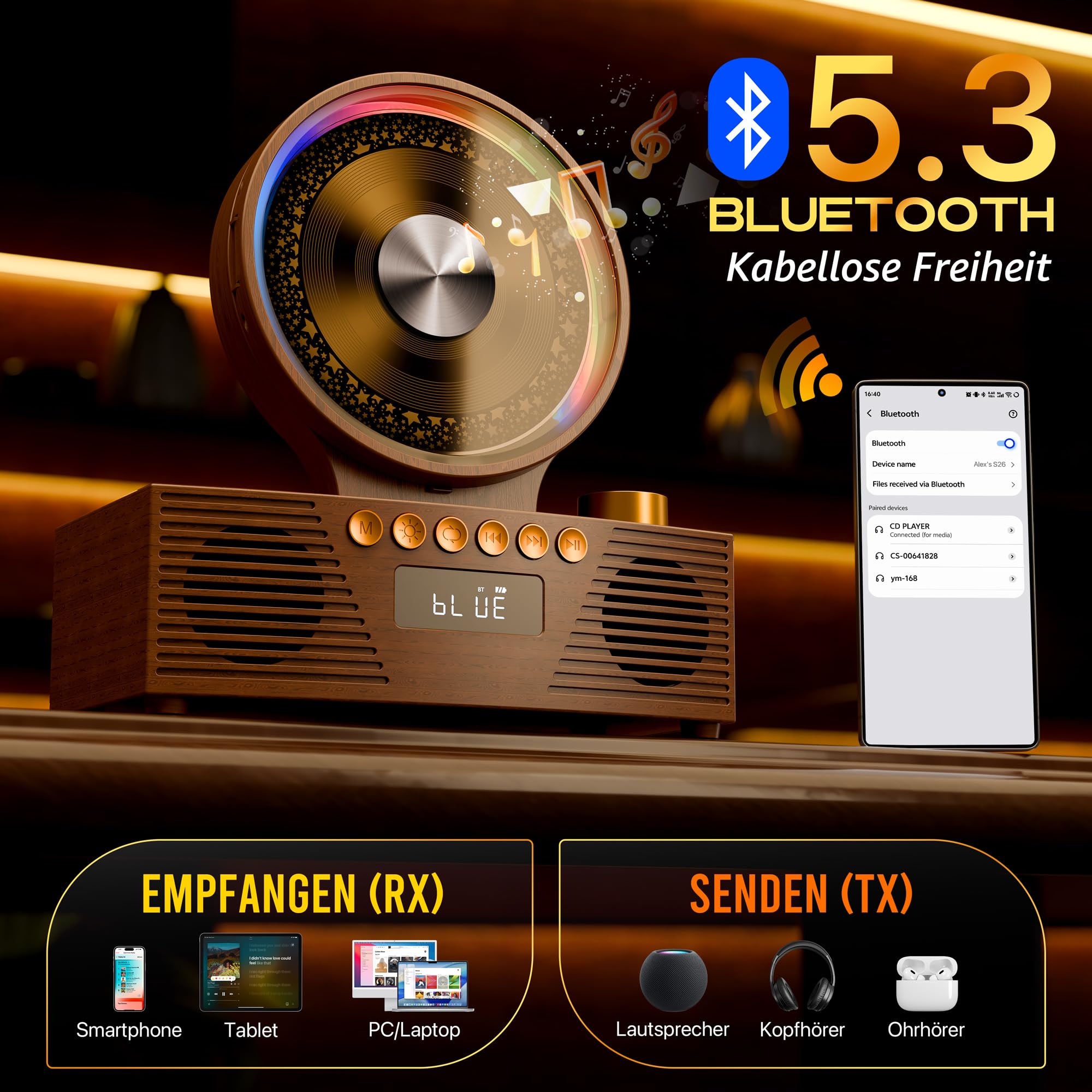 ROADOM CD Player Bluetooth 5.3 mit Dual Lautsprecher, 4000mAh Tragbar Wiederaufladbar, 6-in-1 Wiedergabe CD/USB/TF/FM/AUX, RGB Licht, Retro Desktop CD Spieler für Zuhause
