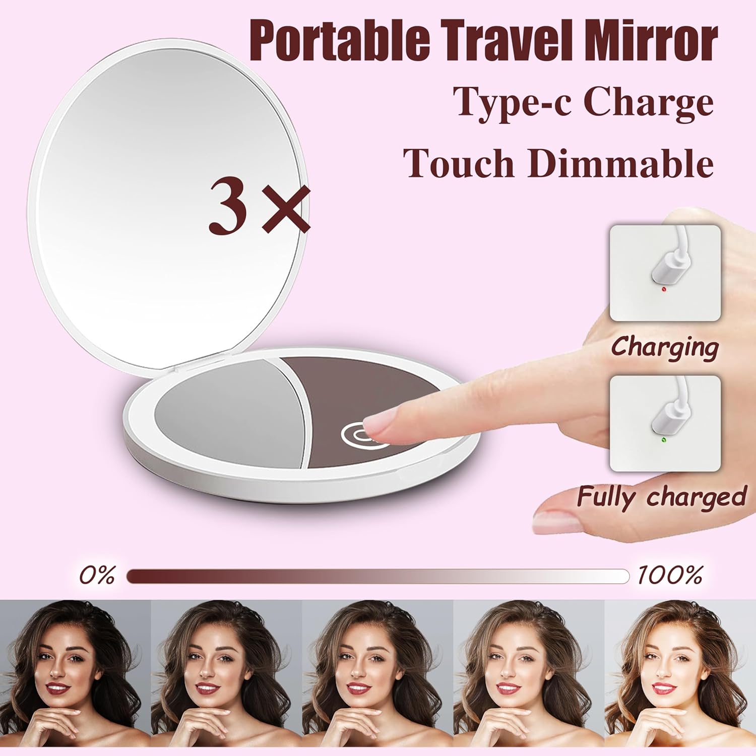 Jilier 14 pcs Mini Makeup Brushes and Pocket Mirror, Travel Makeup Brush Set, LED Compact Mirror with Light, Travel Size with Case, Portable for Handbag, Travel Essentials for Women