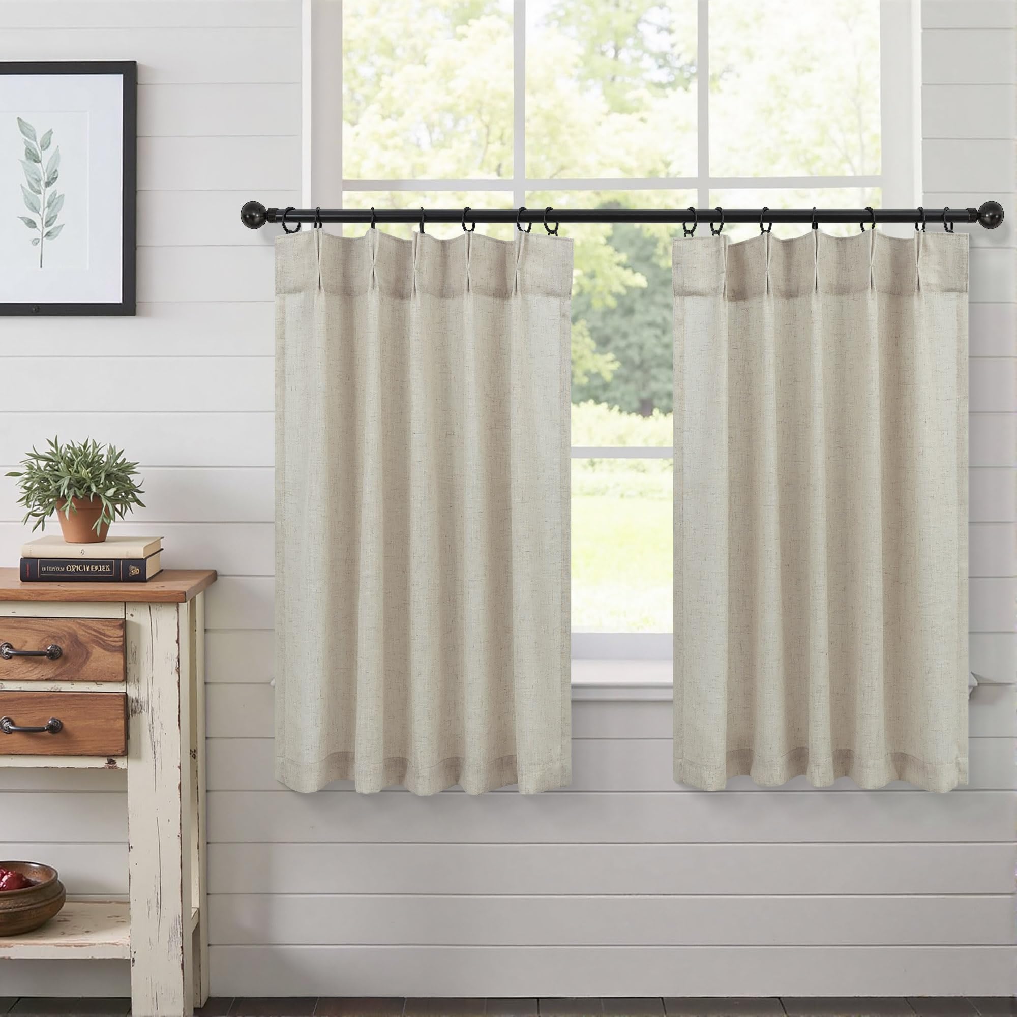 Pinch Pleat Linen Cafe Curtains 24 Inch Length for Kitchen Over Sink Back Tab Neutral Semi Sheer Short Valance Curtains for Small Windows Bathroom