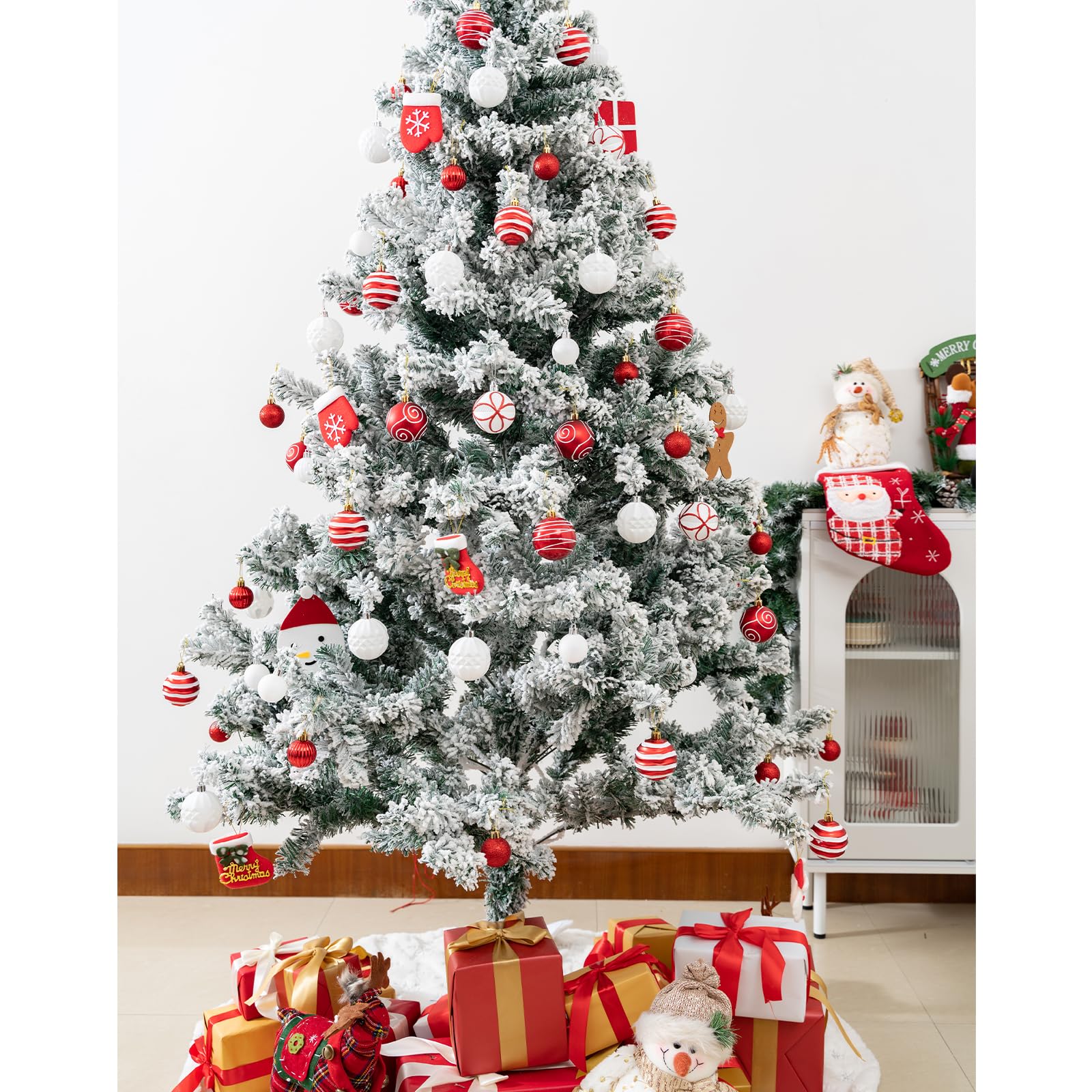 Juego de 100 adornos de bolas de Navidad, decoraciones de Navidad inastillables con paquete de regalo de mano para árbol de Navidad, vacaciones, boda, vacaciones, decoración de fiesta (rojo y blanco)