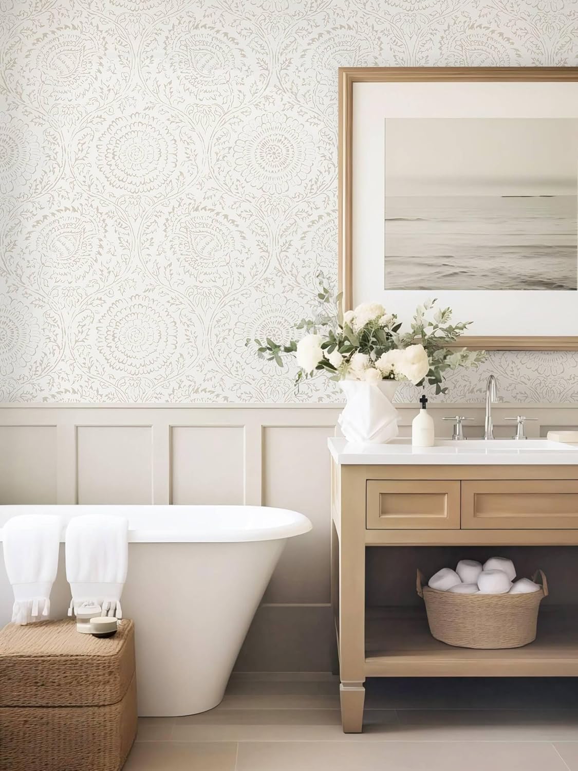 Ismoon Peel and Stick Wallpaper Boho Beige Contact Paper Neutral Floral Wall Paper Textured Self Adhesive Removable Wallpaper for Bedroom Kitchen Renter Friendly Vinyl 17.3" x 78.7"