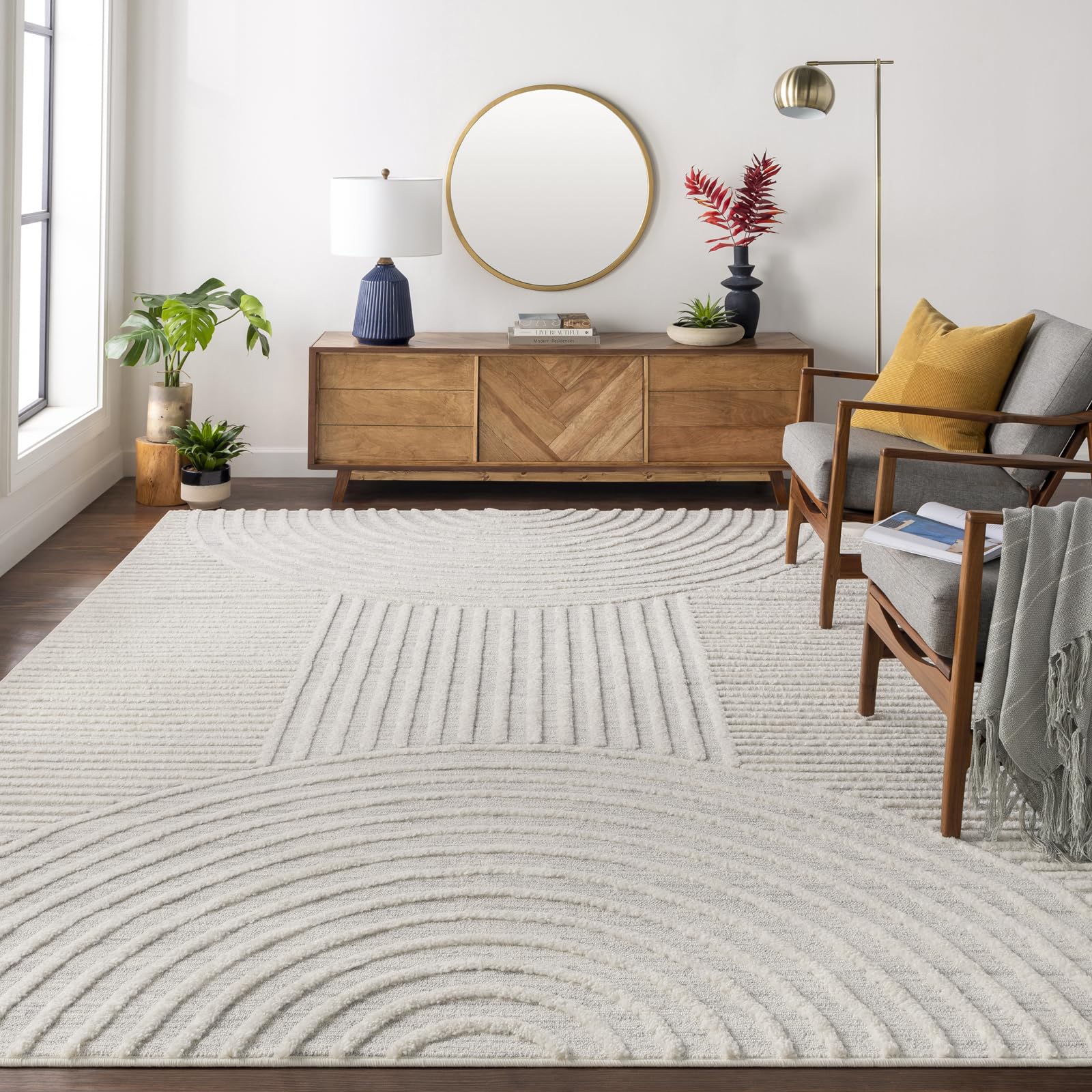 Rackhams Grey/Ivory Nora-Modern High Pile Fringe Rug - 160 X 213 Cm