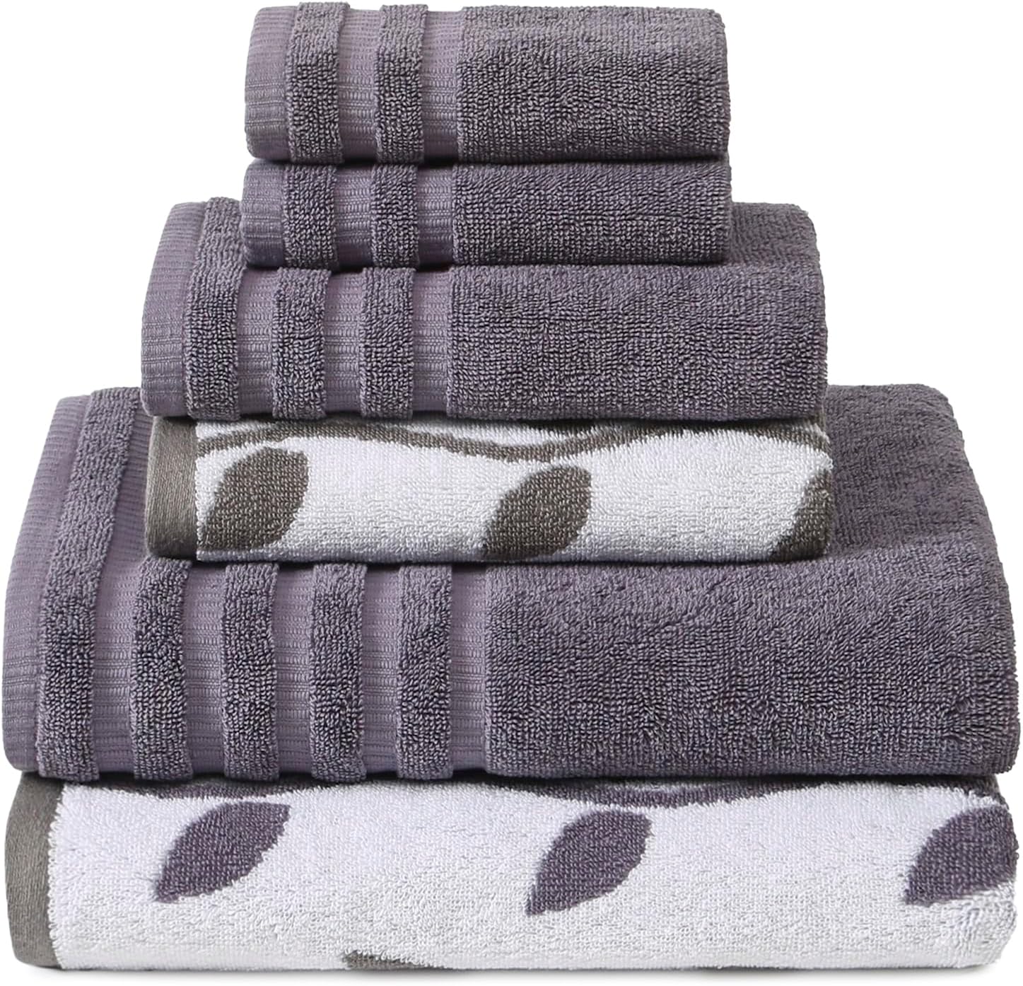 Amrapur 6 pc Yarn Dyed towel Organic Vines Grey Lavender, Cotton, Single