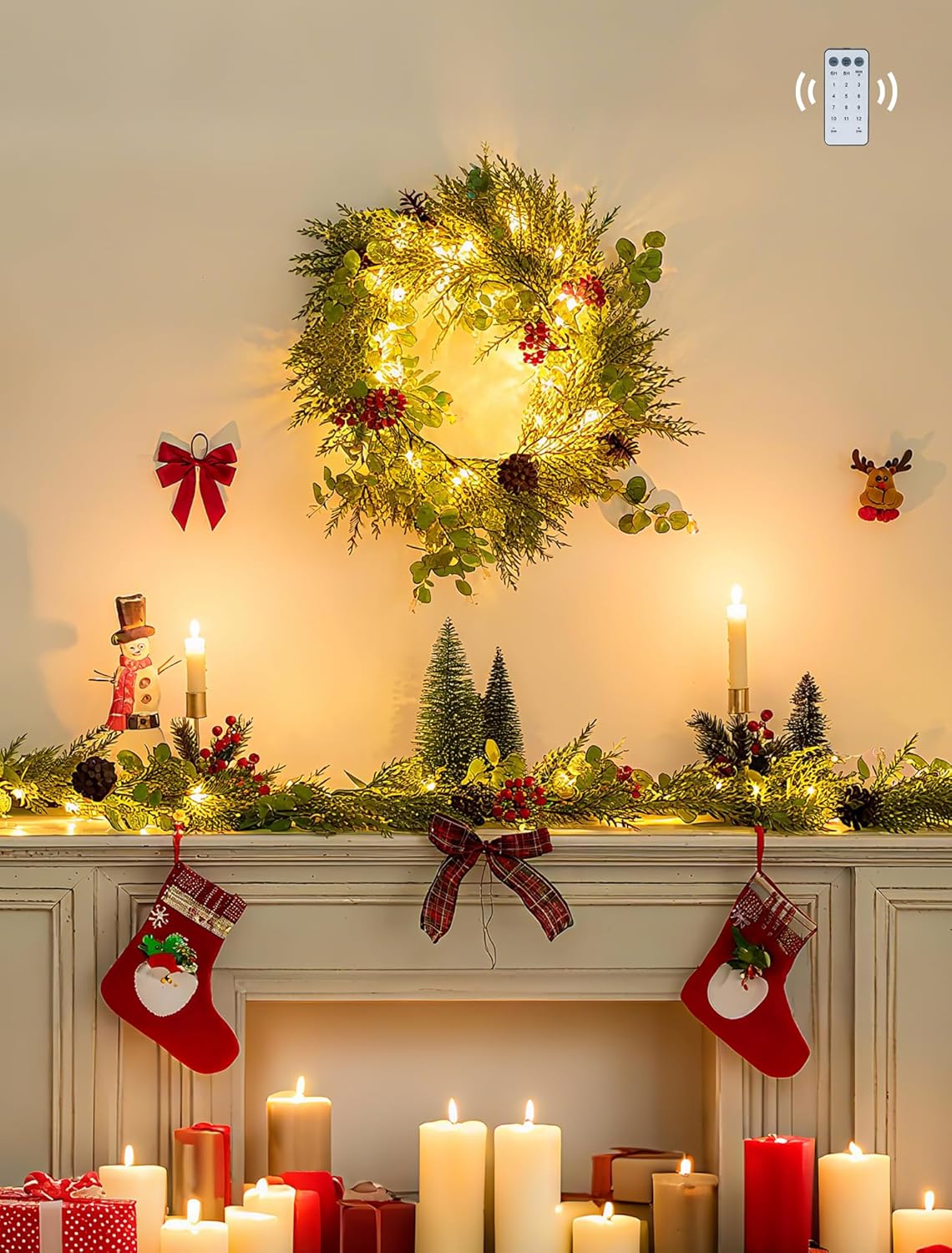 NUPTIO Artificial Christmas Garland with Lights: 2Pcs 6.2Ft Pre-Lit Gold Glitter Garland with Pine Cones Red Berry Eucalyptus - Xmas Decorations for Mantle Fireplace Railing Stairs Table Door