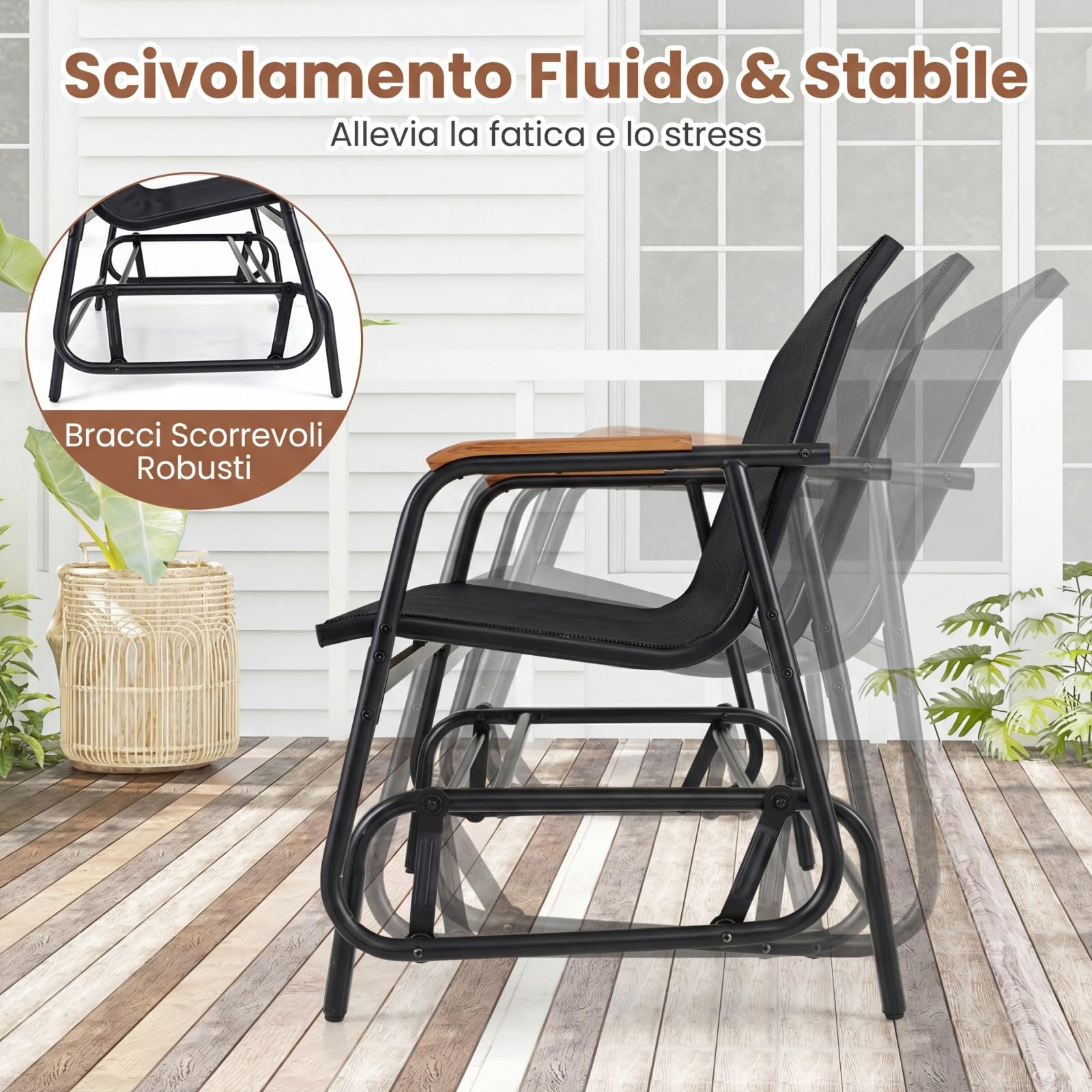 COSTWAY Panca a Dondolo da Esterno, Panchina a 2/3 Posti da Giardino con Movimento Oscillante, Braccioli Curvi in Legno, Sedia a Dondolo per Veranda, Giardino, Portata 300KG/450KG (Nero, 2 Posti)