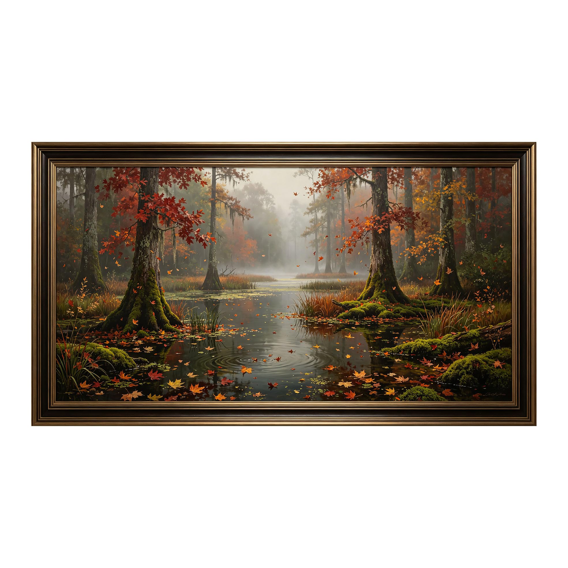 Yzpallescene 3D Framed Wall Art 50cm×100cm Autumn Misty Swamp Lake Landscape Oil Painting Large Size SelfAdhesive Removable Wall Decor Prints Artwork for Living Room Bedroom Office