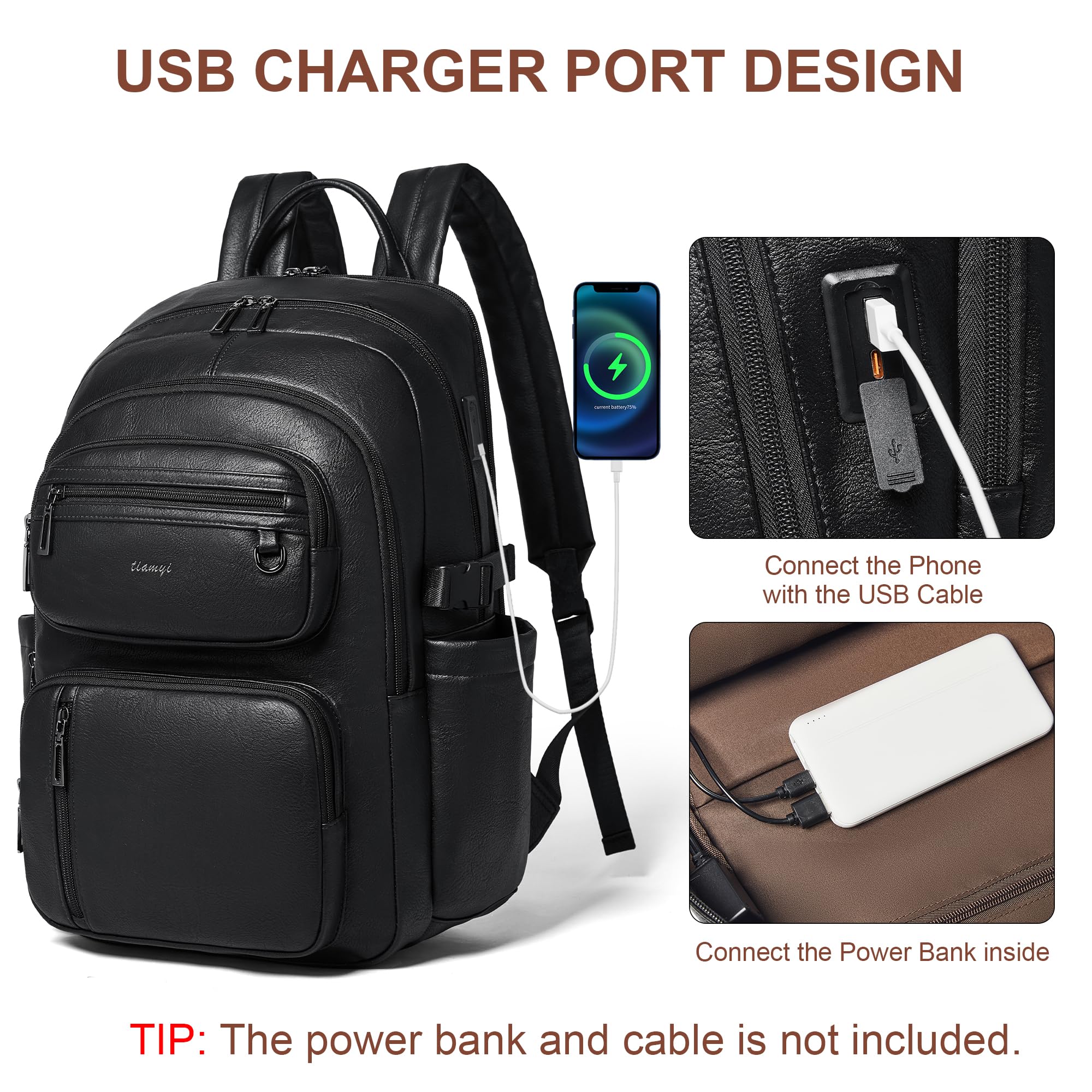 Mochila de cuero vegano, mochila de viaje TSA para hombres y mujeres, se adapta a laptop de 17.0 pulgadas con correa de equipaje, color negro