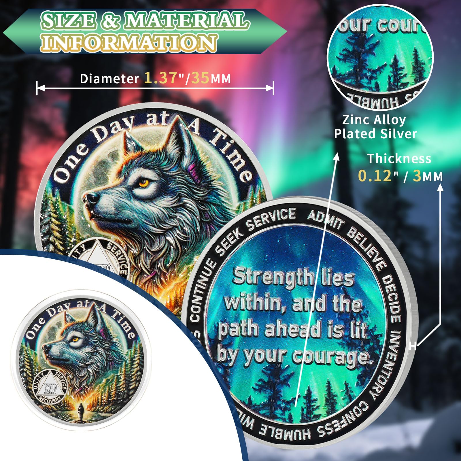 Brave Wolf 24-letnia moneta trzeźwości – One Day at a Time AA, chip do odzyskiwania bez alkoholu z kapsułką tokenową, inspirujące prezenty trzeźwości dla mężczyzn i kobiet