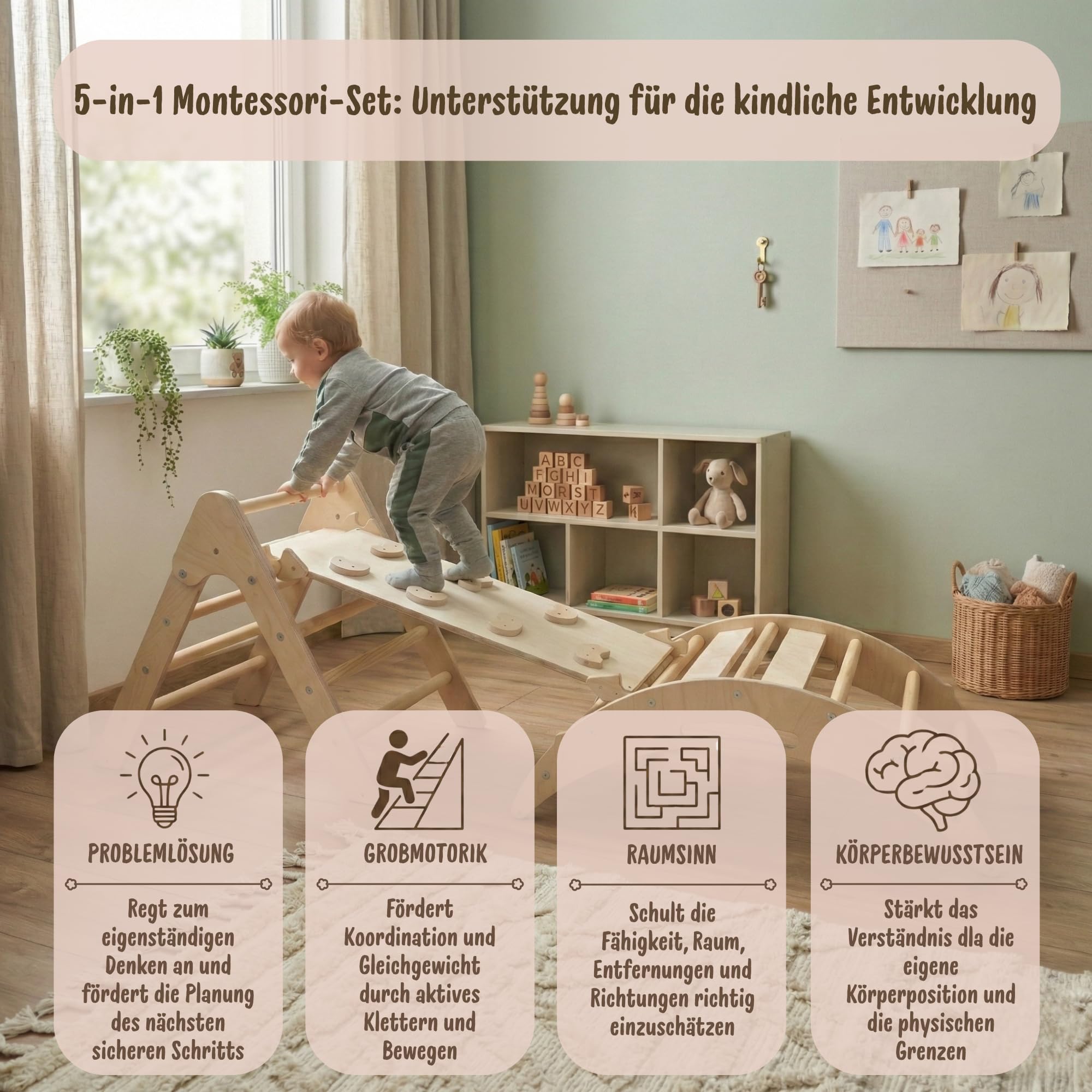 WoodsCraft Montessori Kletterset 5in1 Kletterdreieck Kletterbogen mit Kissen Rutsche Rampe Holz Klettergerüst Indoor Spielgeräte