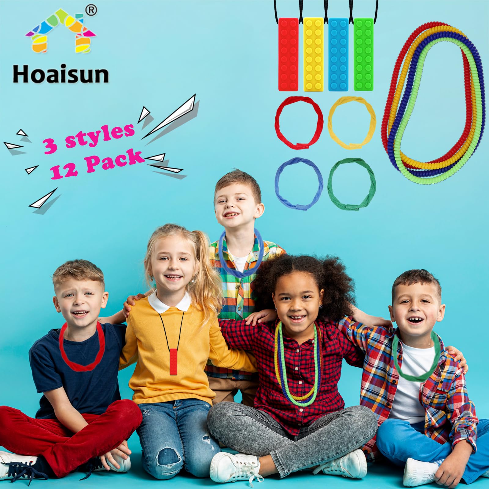 Paquete de 12 collares sensoriales para masticar, collar elástico masticable, juguetes sensoriales para niños con autismo, TDAH, mordeduras, necesidades de dentición, bloques de silicona, juguetes 4