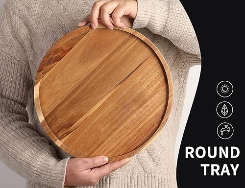 Miniatura 9 de Decoración redonda de madera rosa para decoración del hogar, servicio de madera, vela, bandeja de perfume, bandejas de mesa auxiliar (11.5 pulgadas,