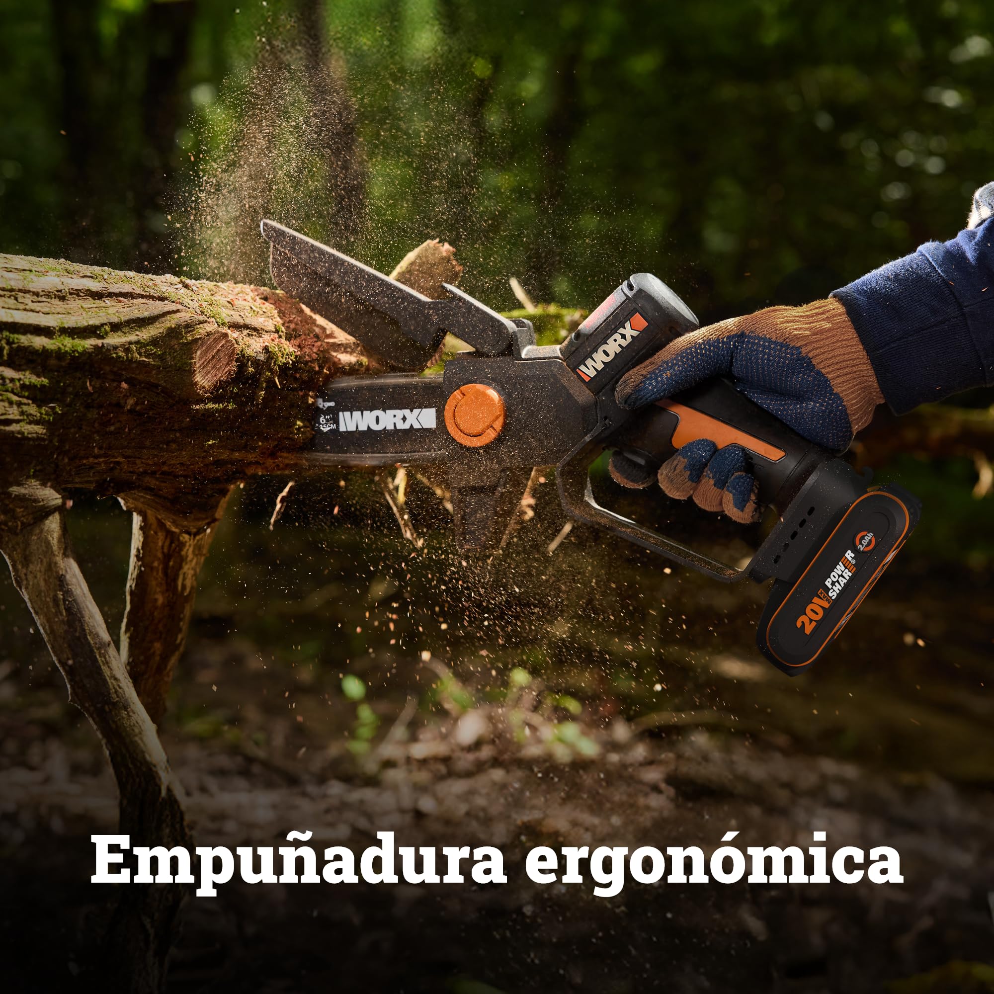 WORX WG327E Mini Motosierra 15cm 20V 2Ah Brushless, una Mano | Motor brushless NITRO, cambio cadena sin herramientas, doble seguridad, cargador 1h incluido, compatible 20V/40V