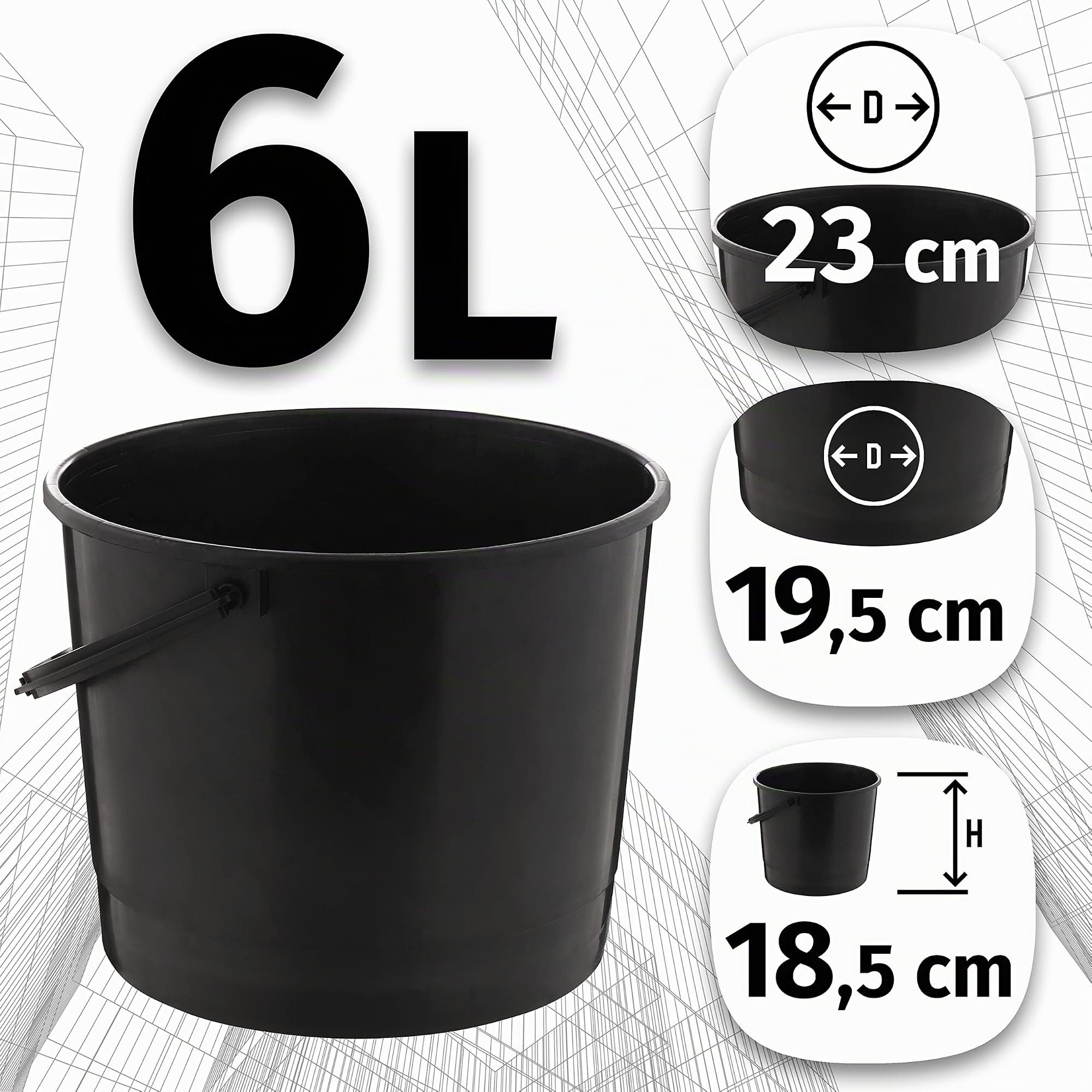 MIG Seau en Plastique Noir 6L avec Couvercle - 5 Seaux Empilables pour la Maison et l'Industrie