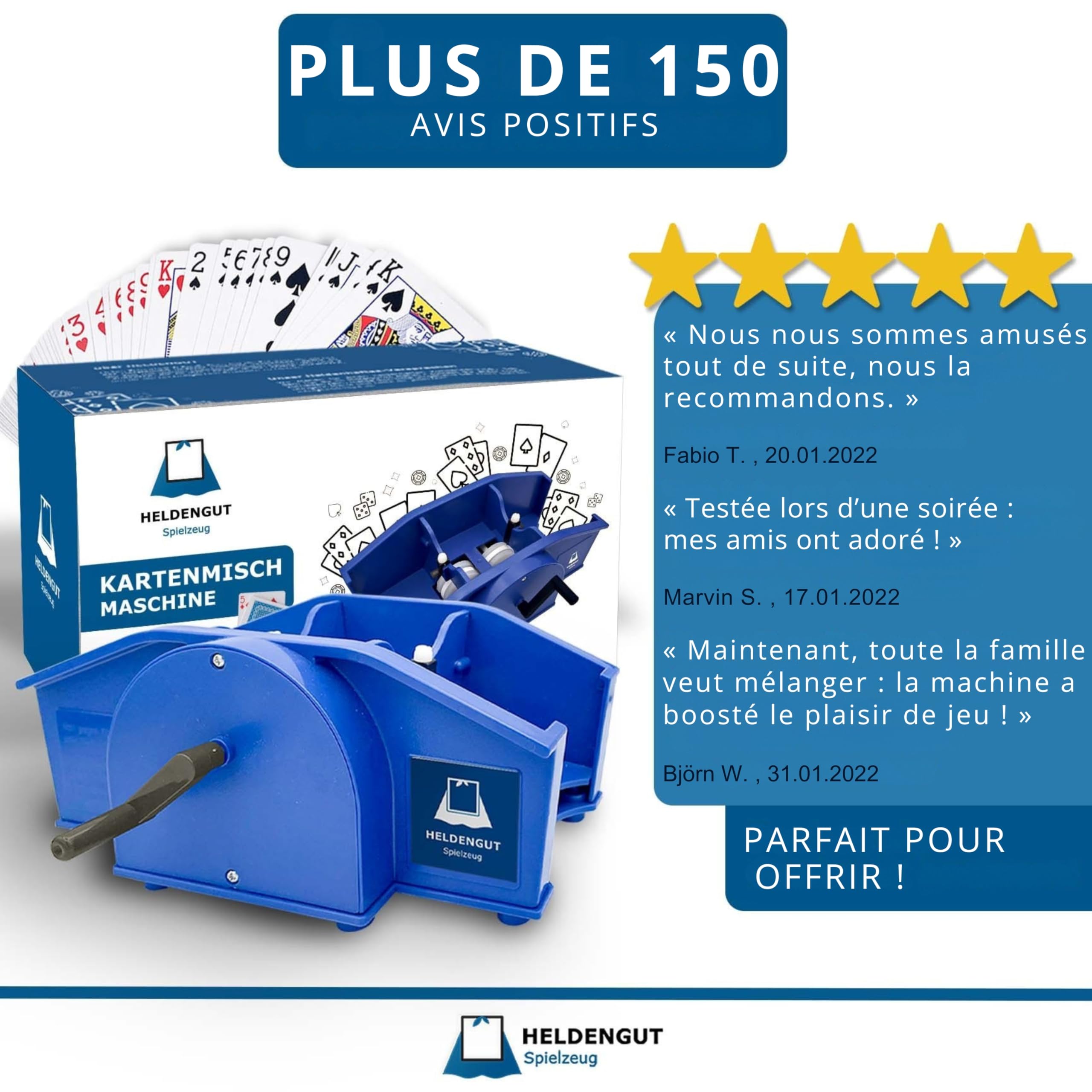 HELDENGUT Mélangeur De Cartes Manuel À Manivelle Pour Poker, Blackjack Et Rami – Machine À Mélanger Sans Piles Bleu