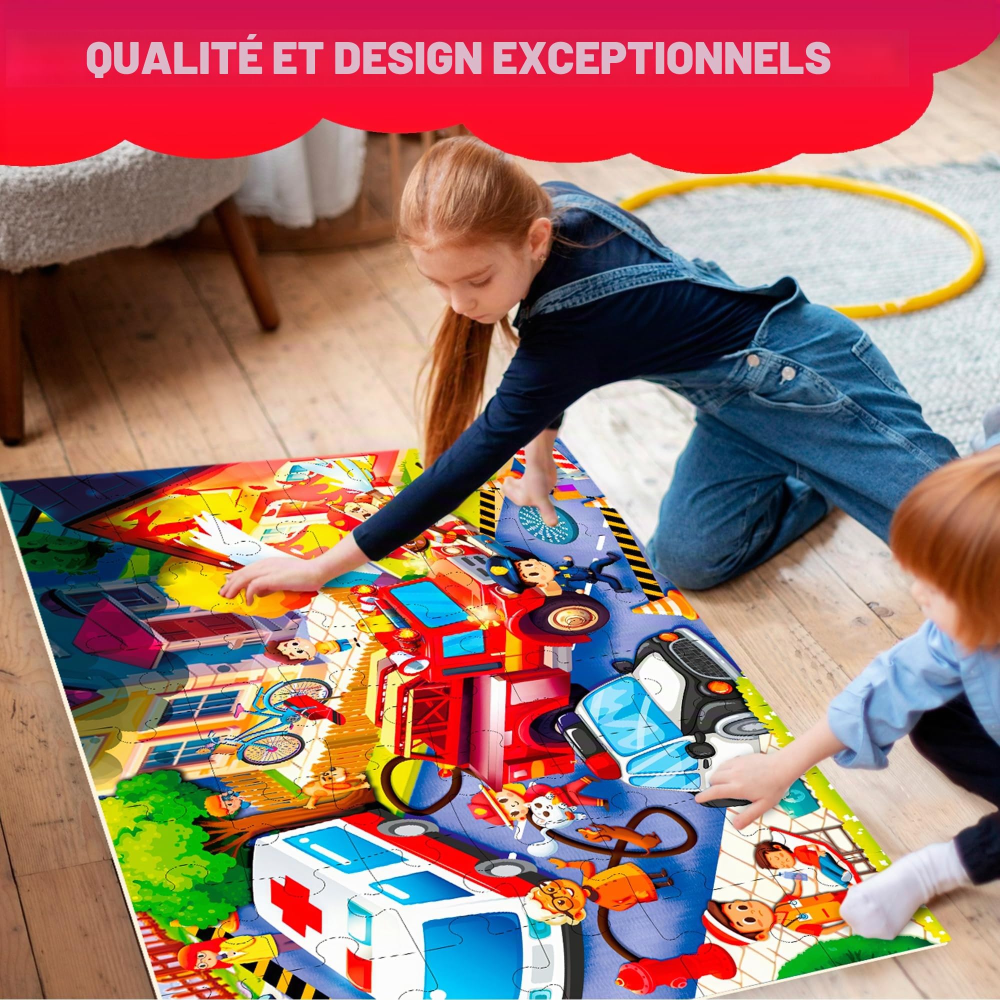 QUOKKA Grand Puzzle Enfant 3 4 5 Ans - 60x90 cm 48 Pièces Puzzle Géants de Sol pour Enfants 5 6 Ans - Camions de Pompiers Jouet pour Garçons et Filles - Educatif Cadeau