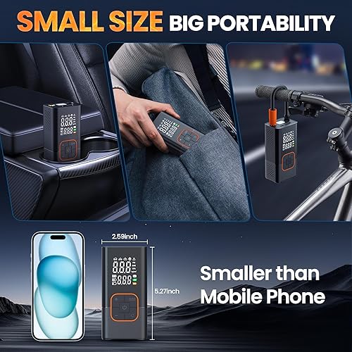 Miniatura 5 de Compresor de aire portátil para inflador de neumáticos, bomba de bicicleta de 150 PSI con medidor de presión de neumáticos, luces LED y accesorios