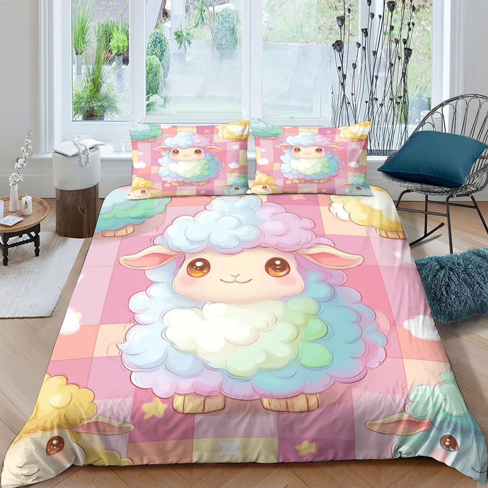GPLZQXKJNH 3D Printed Cute Sheep Duvet Cover Microfiber Soft Breathable Pastel Rainbow Bedding Set with 2 Pillowcases for Bedroom Decor Single（135x200cm）