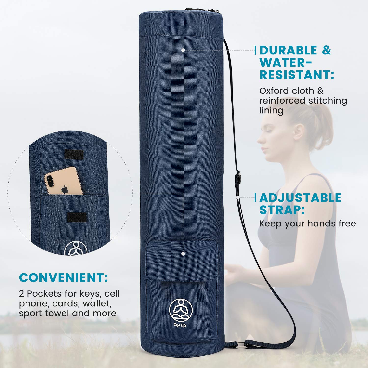 Gonex Borsa per Tappetino Yoga, Esercizio Completo con Cerniera Borsa per Tappetino Yoga Durevole Tessuto Oxford Resistente all'Acqua con 2 Tasche Cargo, Tracolla Regolabile Extra Larga