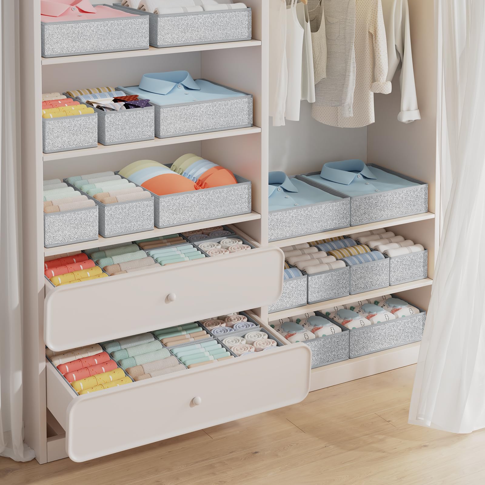 DIMJ 4 stuks lade-opbergsysteem, lade-organizer, opvouwbare opbergdoos, stof, lade-inzetstukken voor kledingkasten, kledingkast, organizer voor kleding, crèmebeige