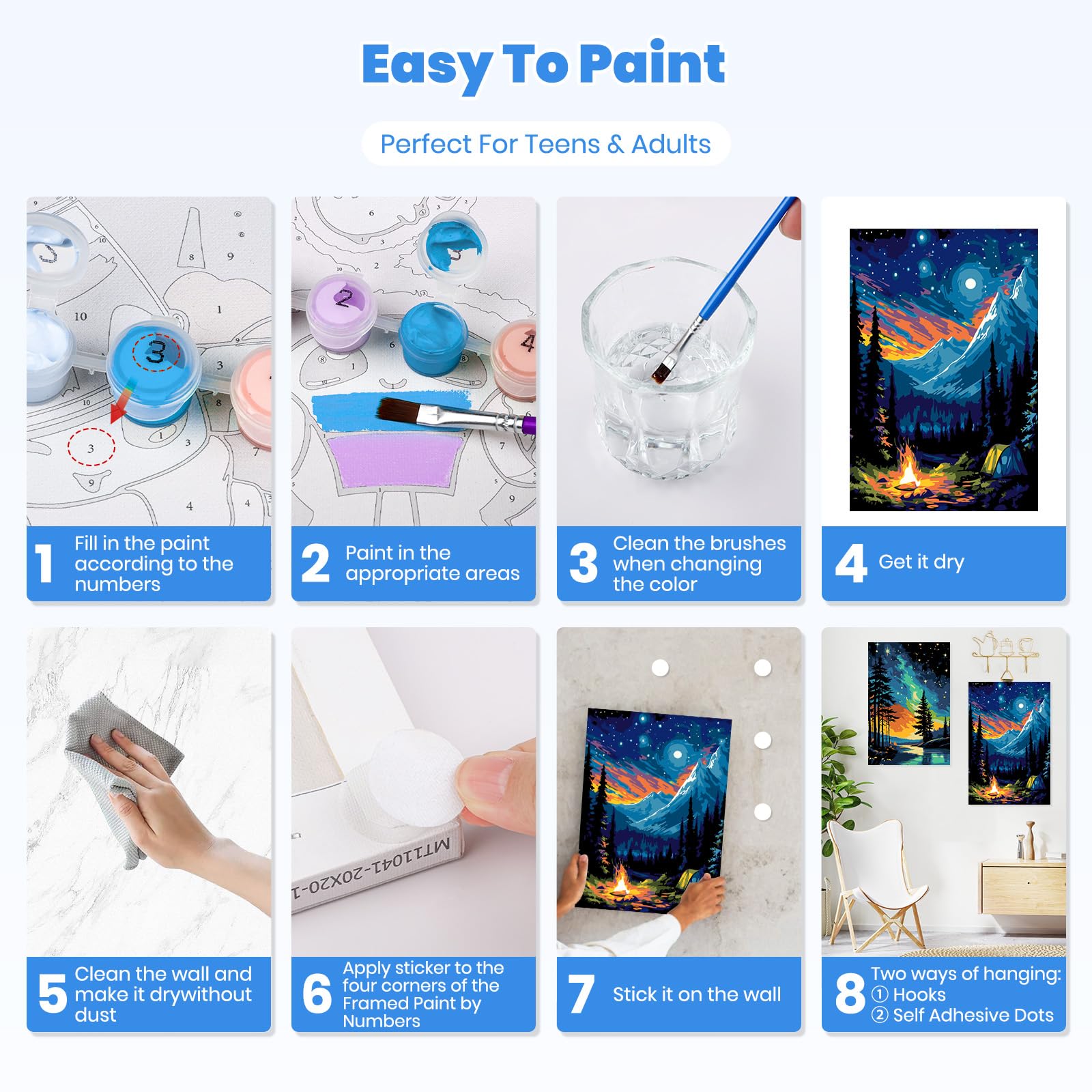 Confezione da 4 kit per dipingere con i numeri, per adulti e principianti, con tela incorniciata e cavalletto, kit fai da te per adulti per pittura con i numeri, olio acrilico, paesaggi montani, kit