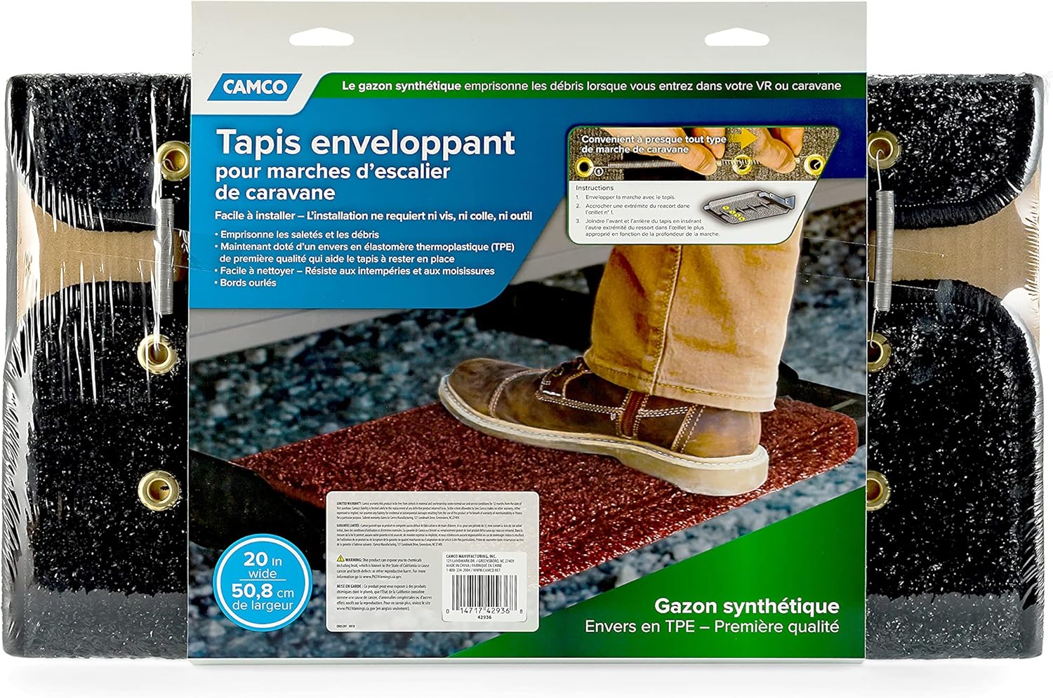 Camco RV Wrap Around Rug | Turf Material Dries Quickly | Easy Install | (42936)