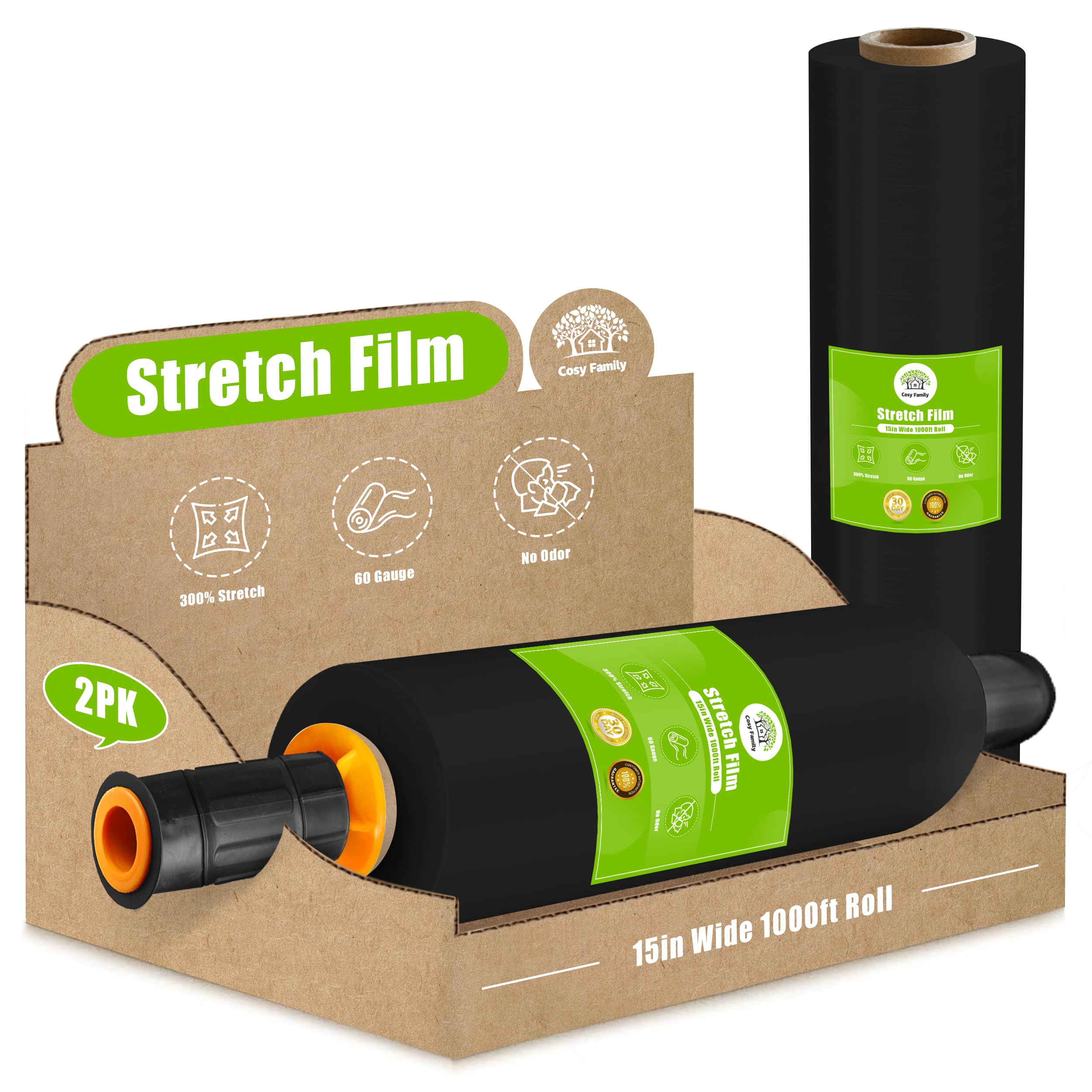 Cosy Family Plastic Wrap Stretch Film Roll - 1000ft 60 Gauge Industrial Strength 15 inch Wide Plastic Wrap Roll with Handles for Pallet Wrapping Shipping Moving - Black, Pack of 2