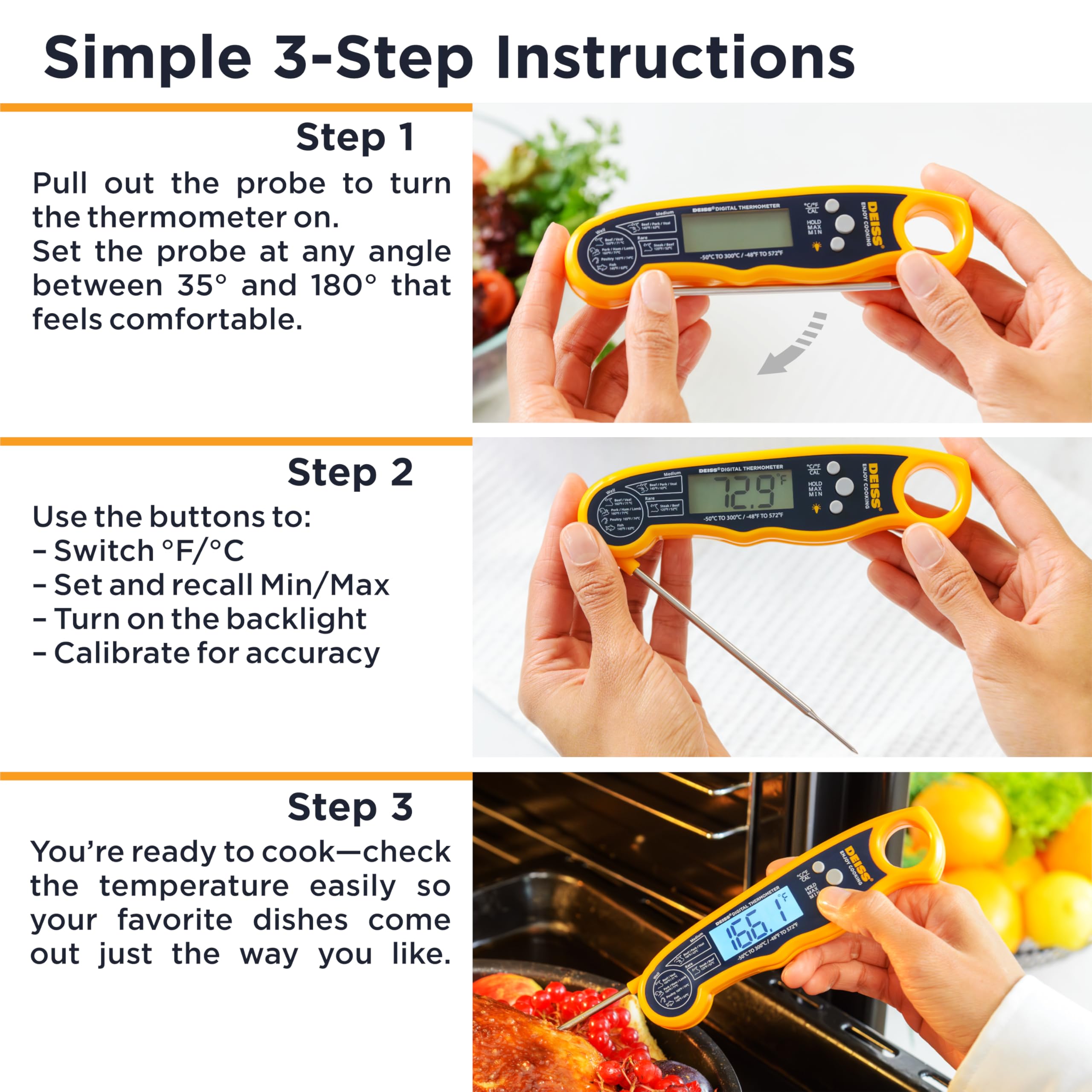 Deiss Pro Termómetro de Cocina – Termómetro para Carne Digital - Lecturas Ultra Rápidas y Precisas con Pantalla Retroiluminada, Función de Memoria y Calibración