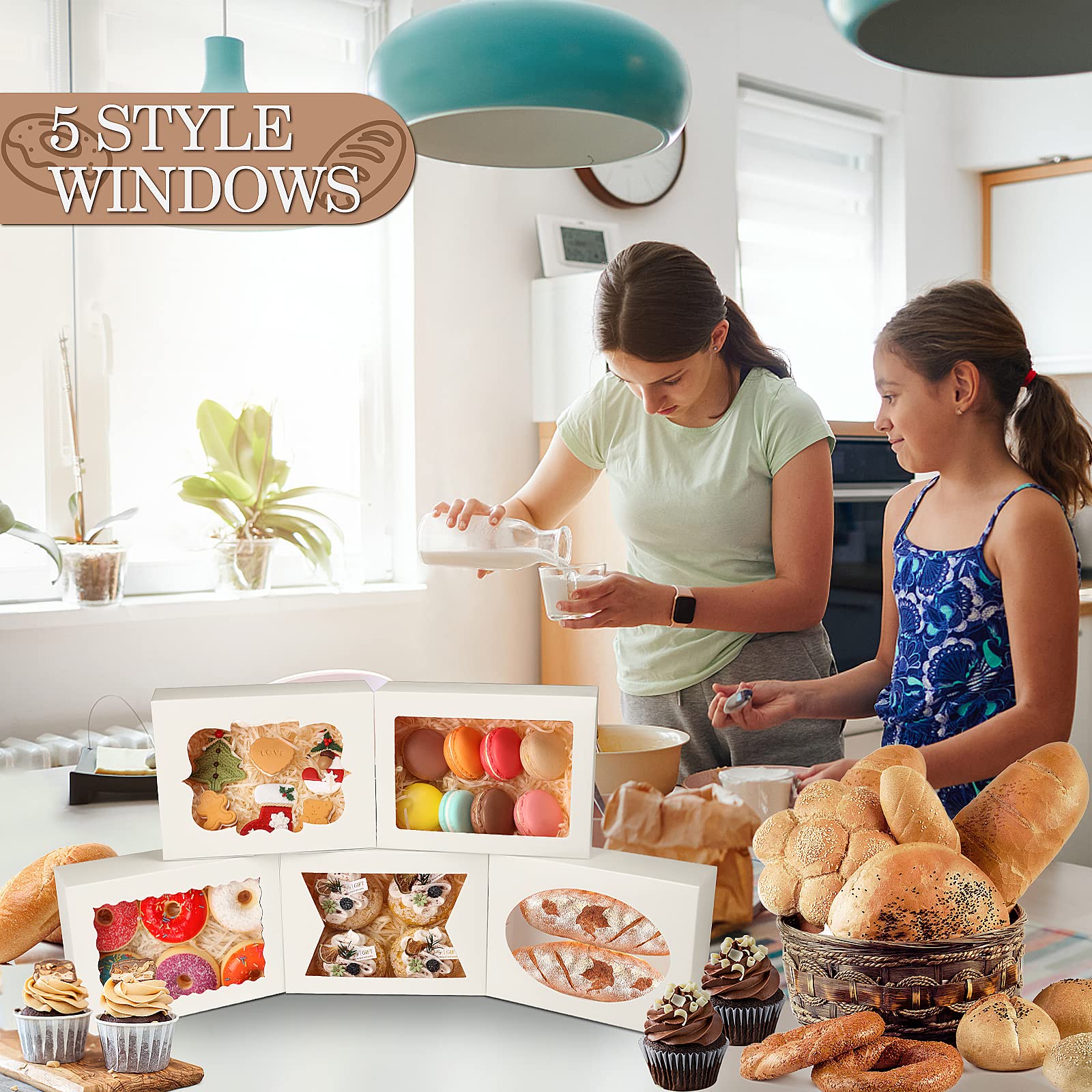 KPOSIYA 65 cajas de galletas de 8 x 6 x 2.5 pulgadas con ventana, cajas de panadería blancas para regalo, golosinas, postres, cupcakes, chocolate, fresas, donas, magdalenas (5 ventanas de estilo)