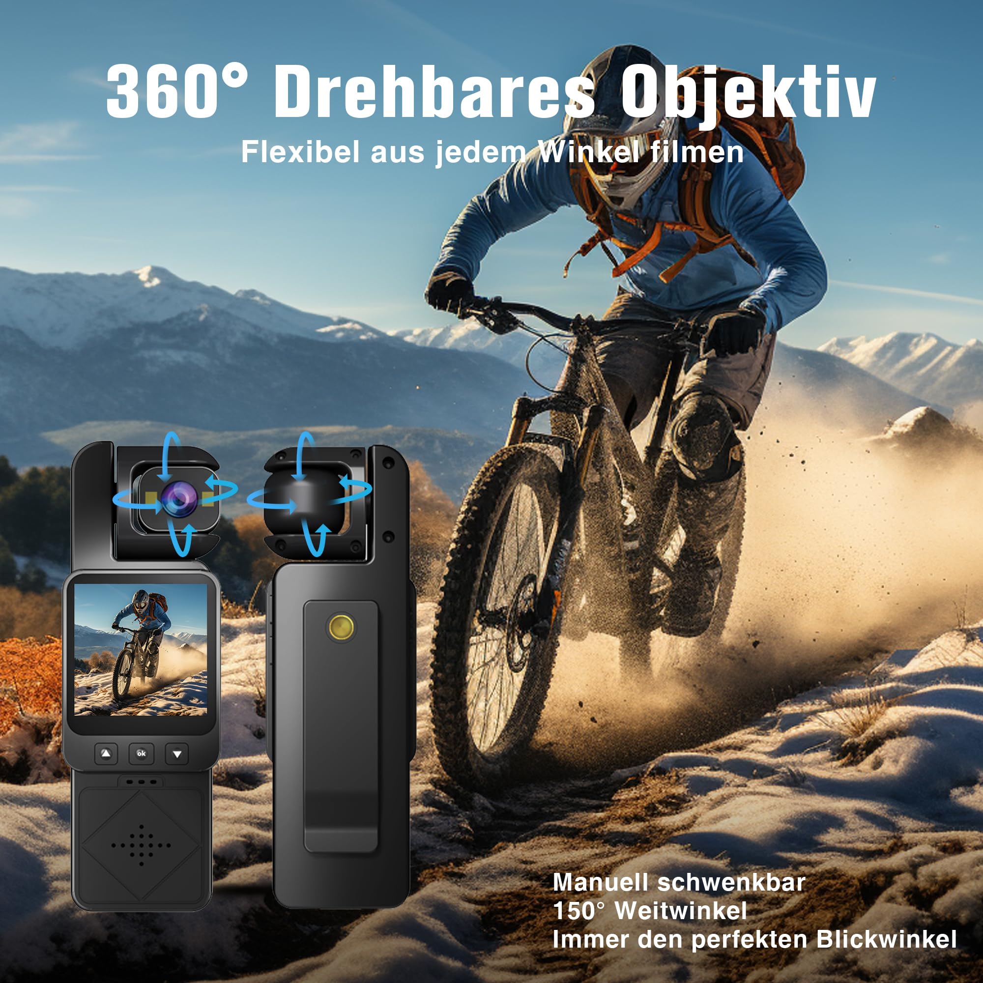Bodycam Körperkamera 1080P Full HD Mini Actionkamera mit 360° Drehbarer Linse, Bewegungsstabilisierung