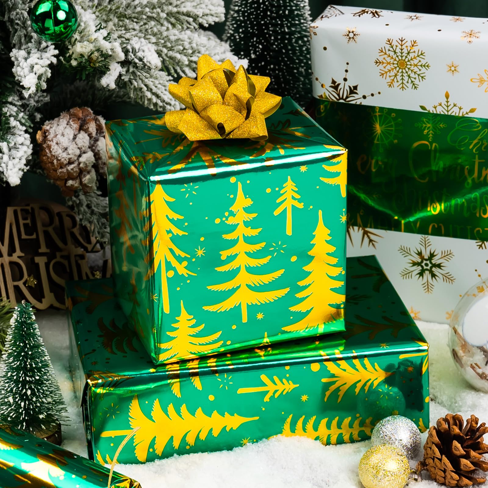 Yarcony Rollos de papel de regalo de Navidad, 17 pulgadas x 10 pies por rollo, papel de regalo de aluminio metálico, árbol brillante de lujo, texto de Navidad y diseño de copo de nieve, papel de