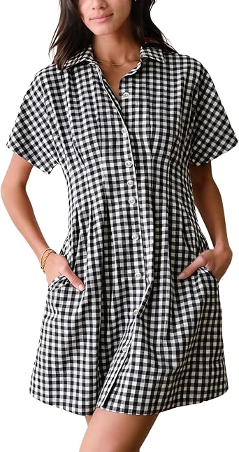 Yeokou Women Mini Shirt Dress Gingham Plaid Short Sleeve Pleated Button Down Dresses Summer Casual Sundress with Pockets